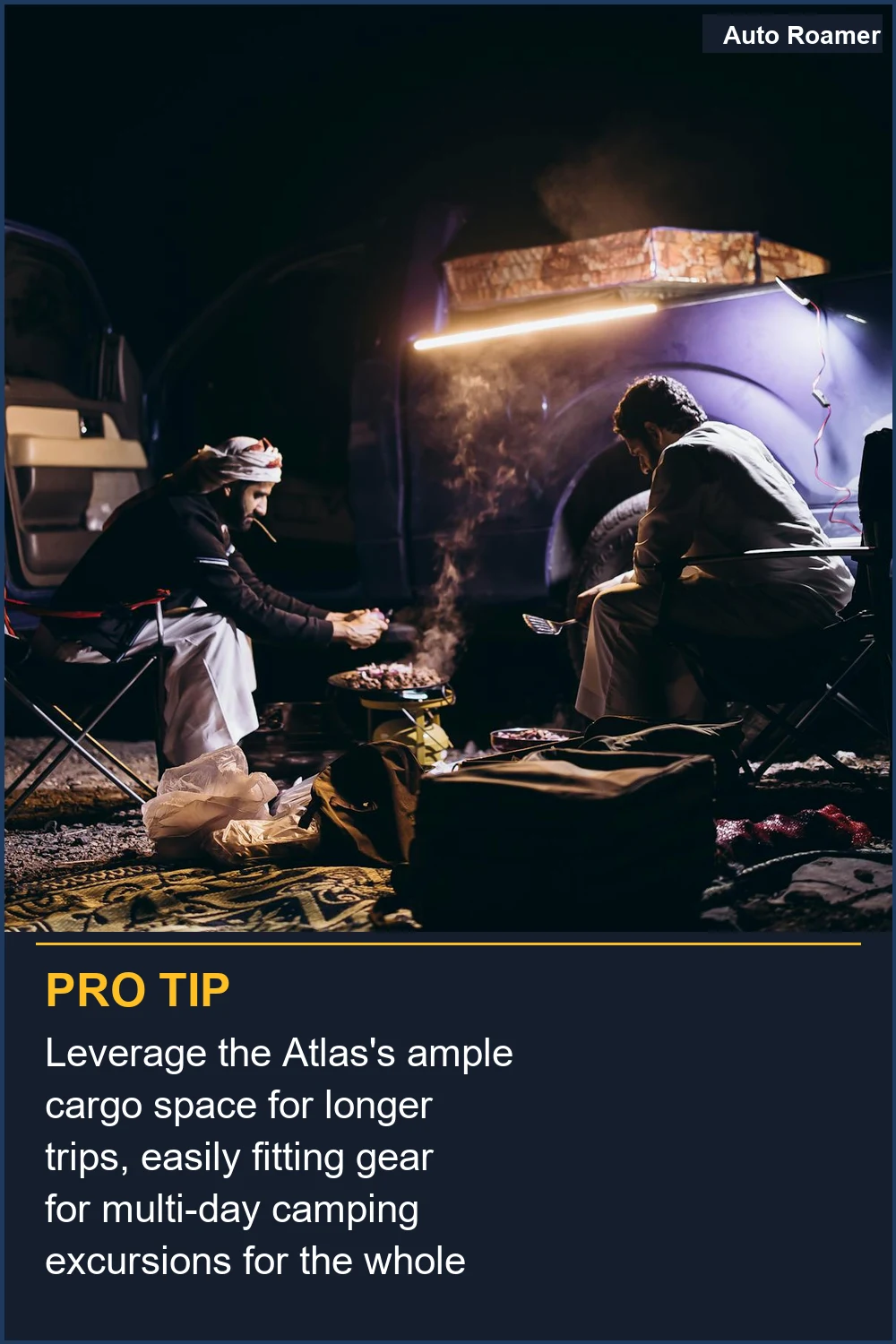 Leverage the Atlas's ample cargo space for longer trips, easily fitting gear for multi-day camping excursions for the whole family.