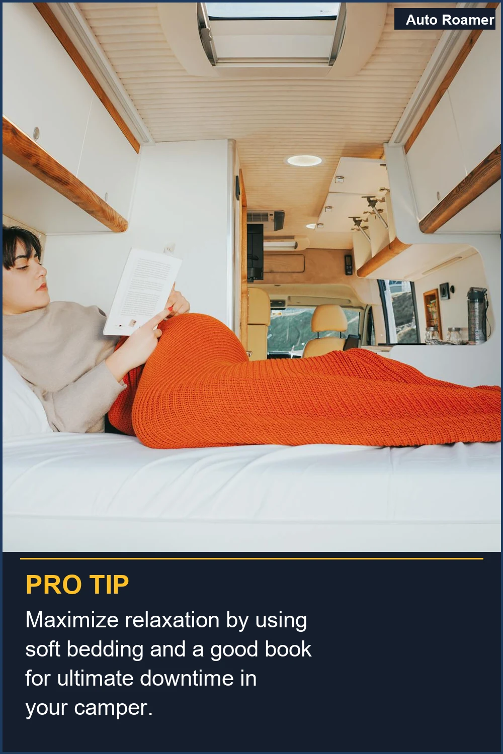 Maximize relaxation by using soft bedding and a good book for ultimate downtime in your camper.