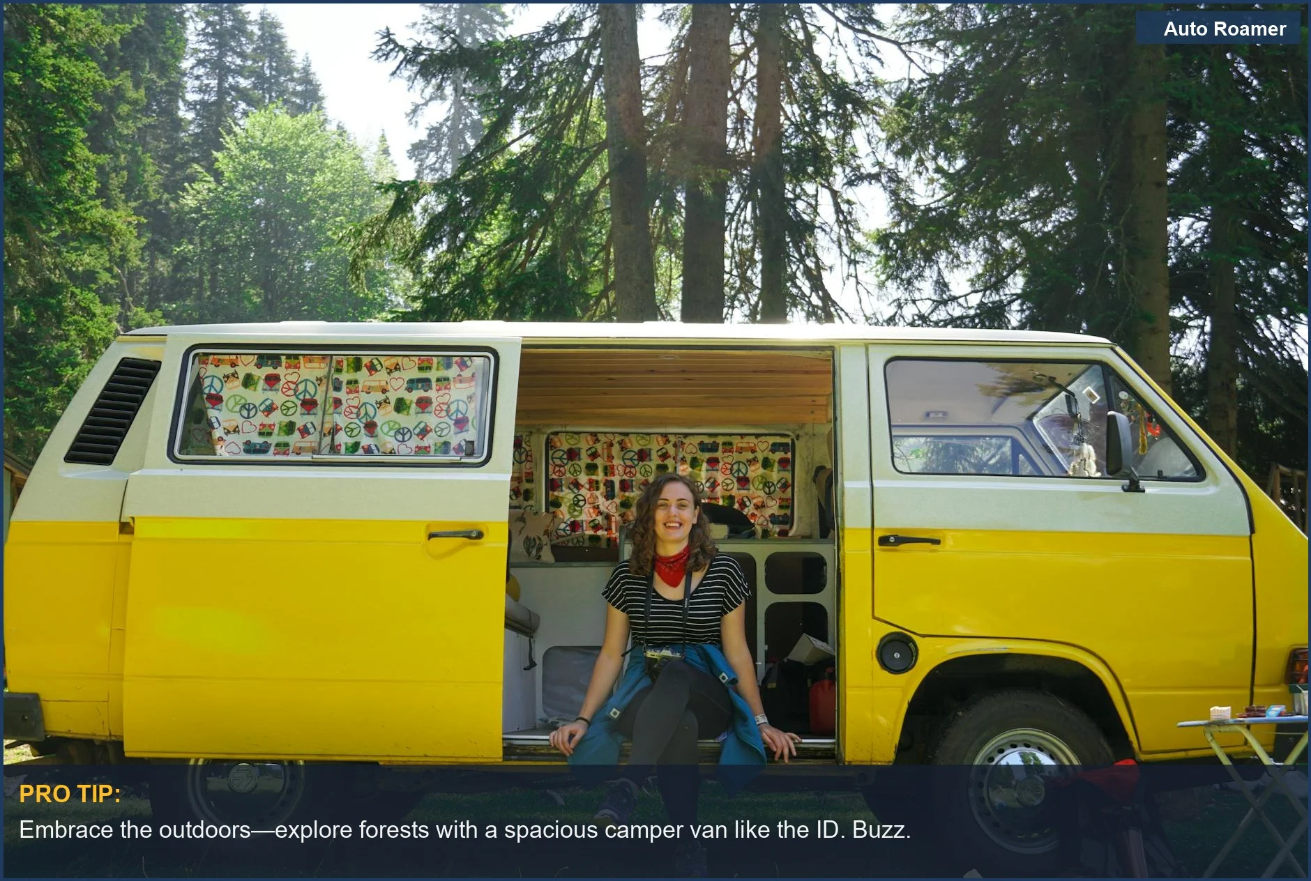 Happy woman posing in a yellow camper van surrounded by a lush forest, promoting outdoor adventure.