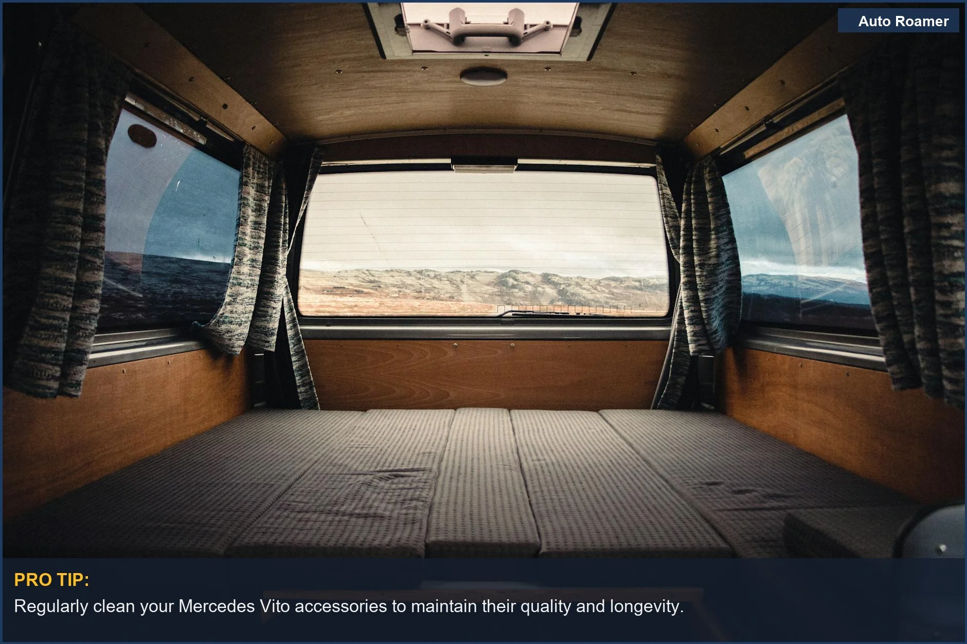 Spacious camper van interior showcasing a scenic landscape view in Norway, highlighting comfort and style.