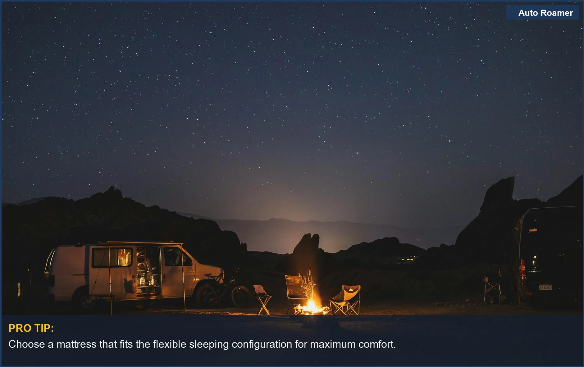 Cozy camping atmosphere with a Volkswagen camper van, tents, and campfire under stars.