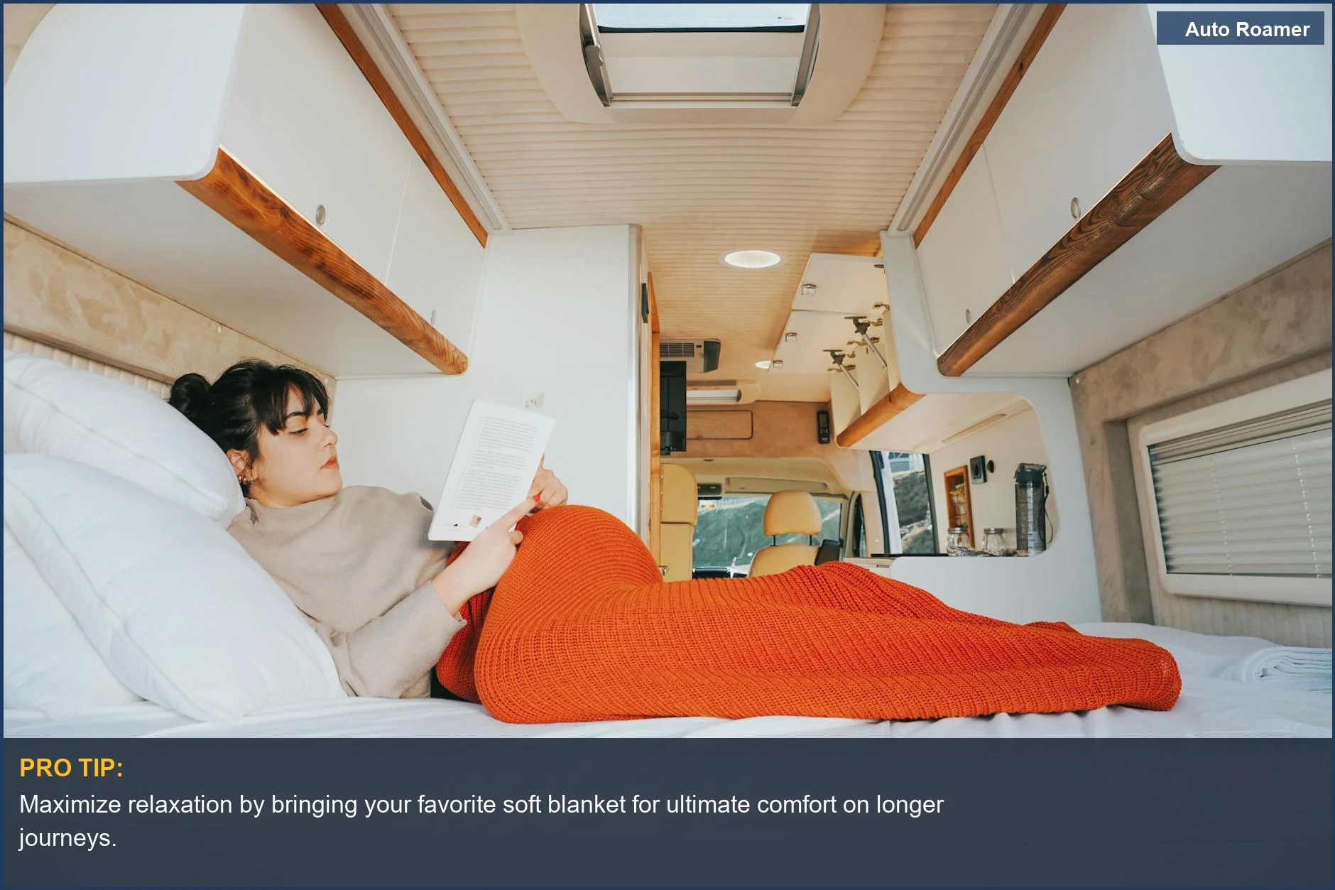 Cozy VW camper van interior: woman reading in bed, embracing leisure travel in the 2026 model.