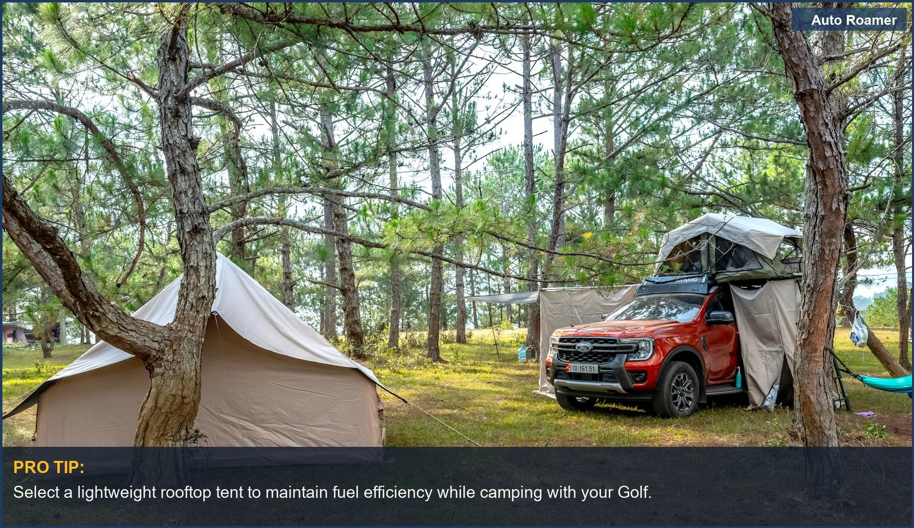 Lush forest camping scene featuring a Volkswagen Golf with rooftop tent setup.