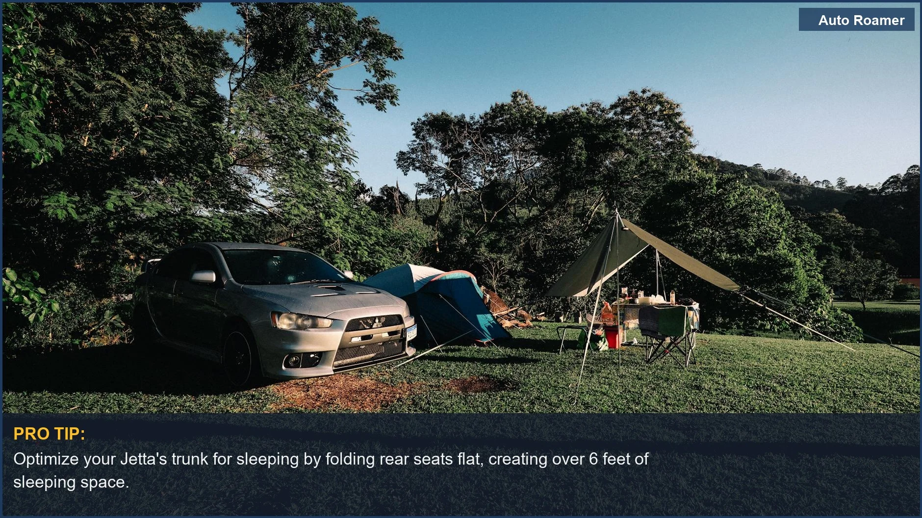 Peaceful solo car camping scene with a Volkswagen Jetta and tent in green surroundings.