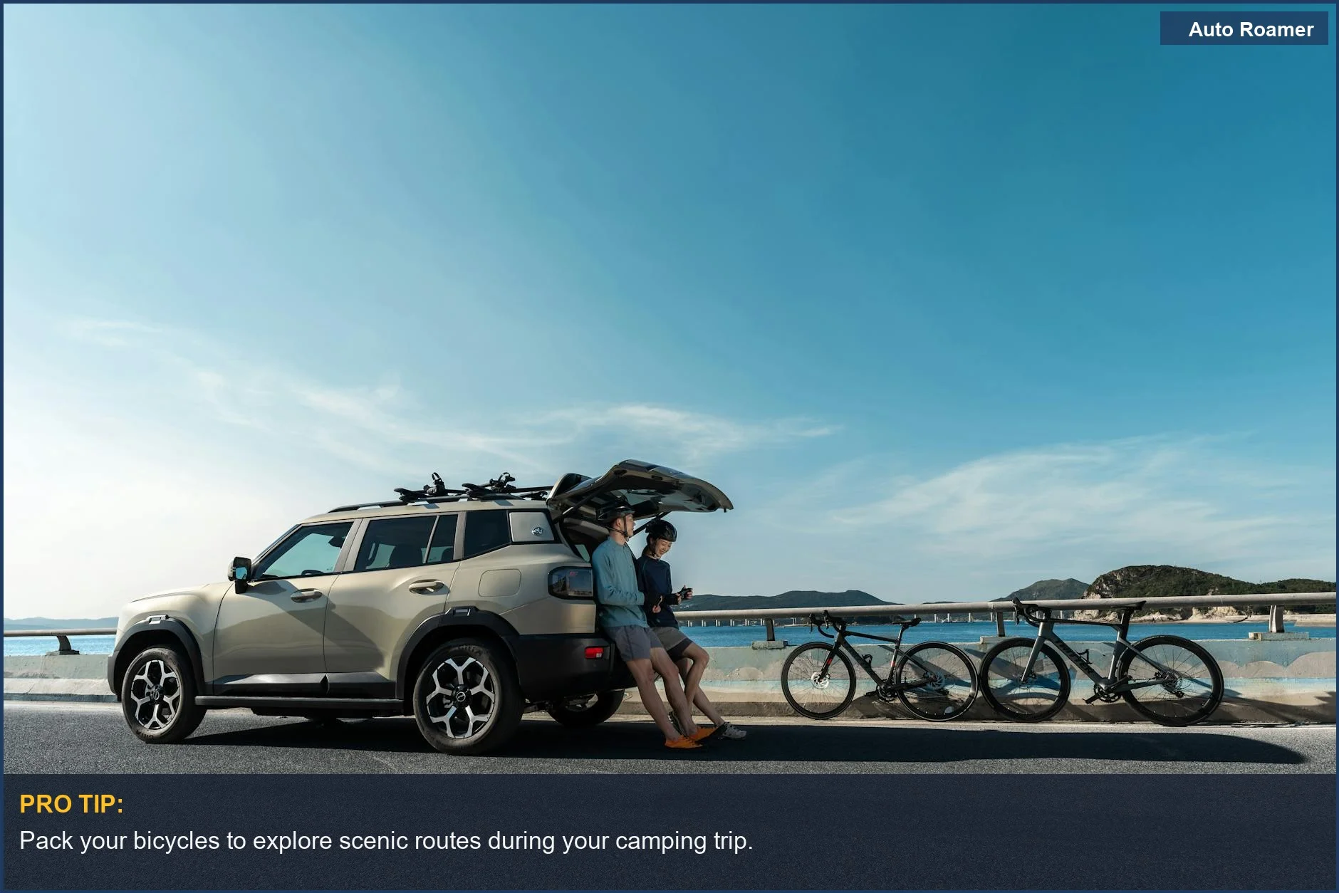 Modern Volkswagen Taos parked on a coastal road with bikes for car camping adventures.