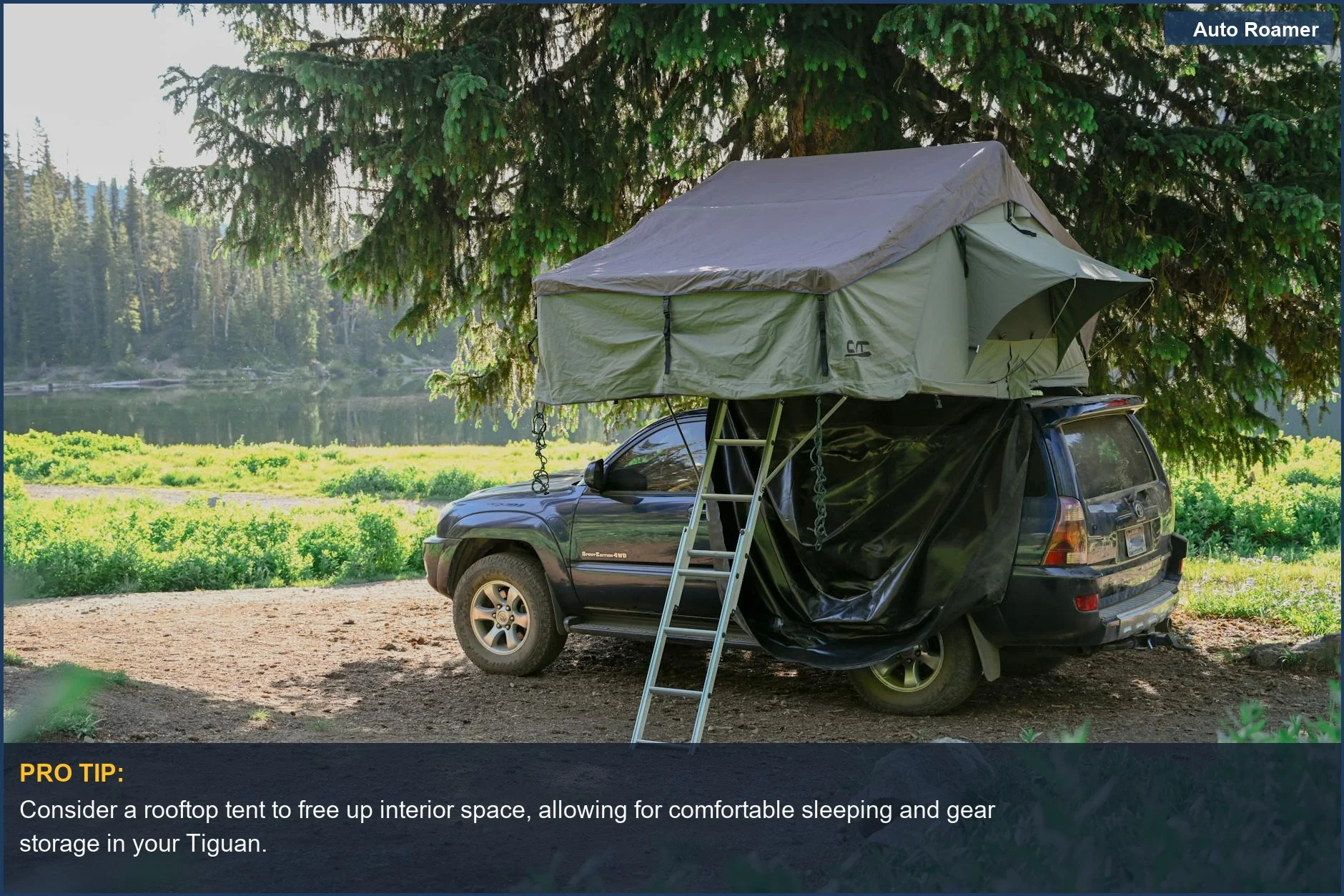 Explore wilderness with a car equipped with a rooftop tent by a serene lake.