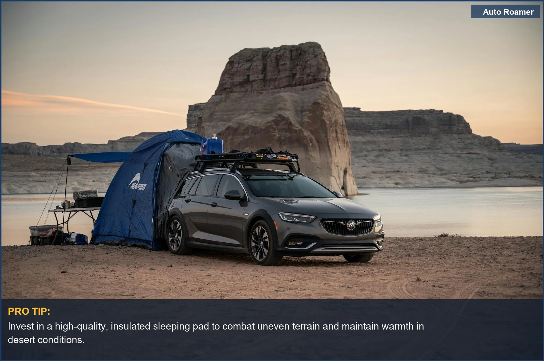 Desert car camping experience: Volkswagen Tiguan parked next to a tent at Lake Powell.