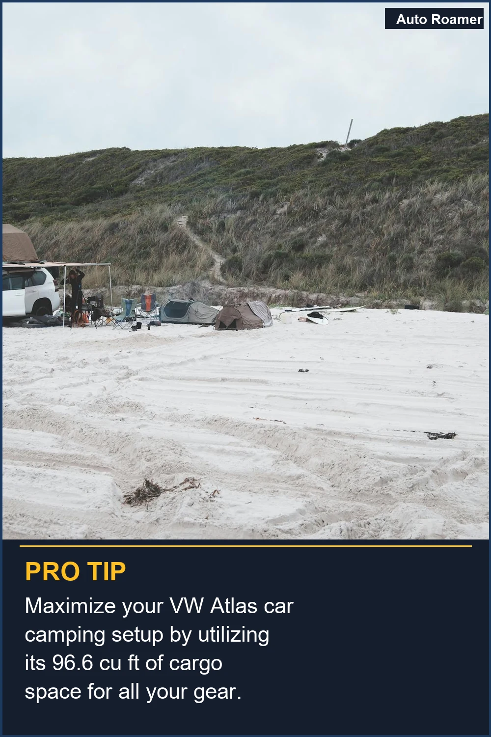 Maximize your VW Atlas car camping setup by utilizing its 96.6 cu ft of cargo space for all your gear.