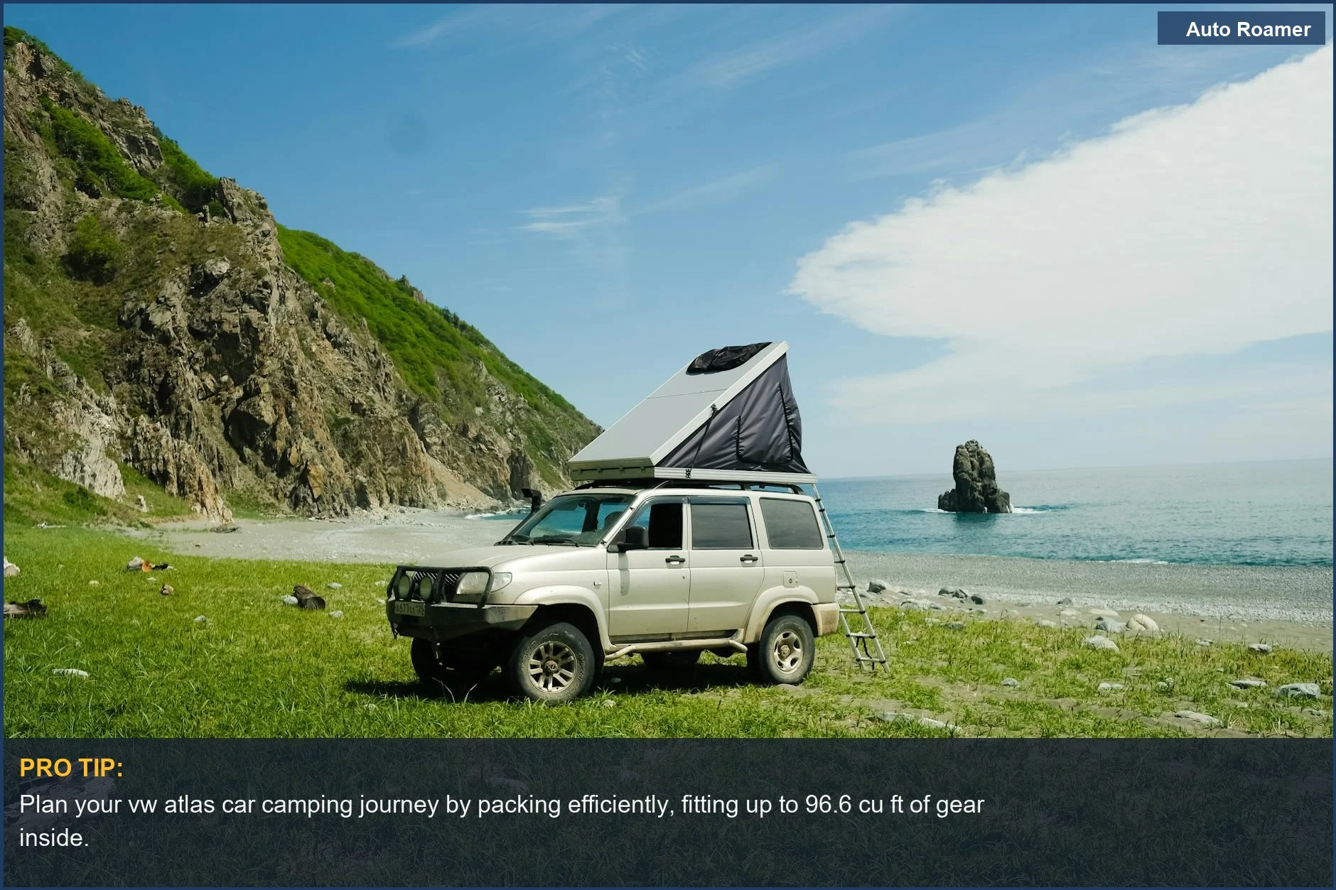 Rugged SUV with rooftop tent set up by scenic coastline cliffs for adventurous camping.