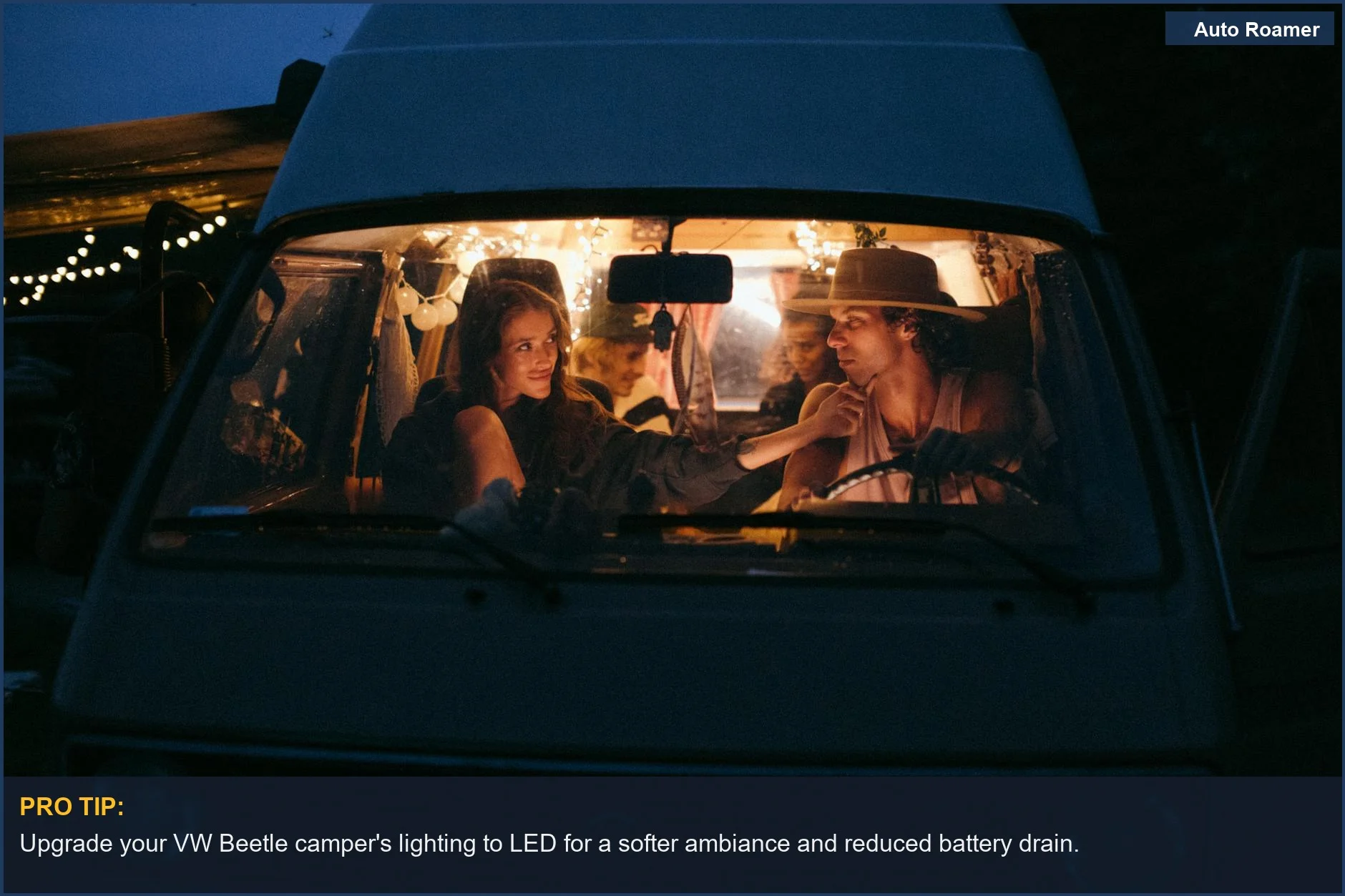 Cozy evening in a vintage VW Beetle camper van, lit by warm string lights, perfect for couples.