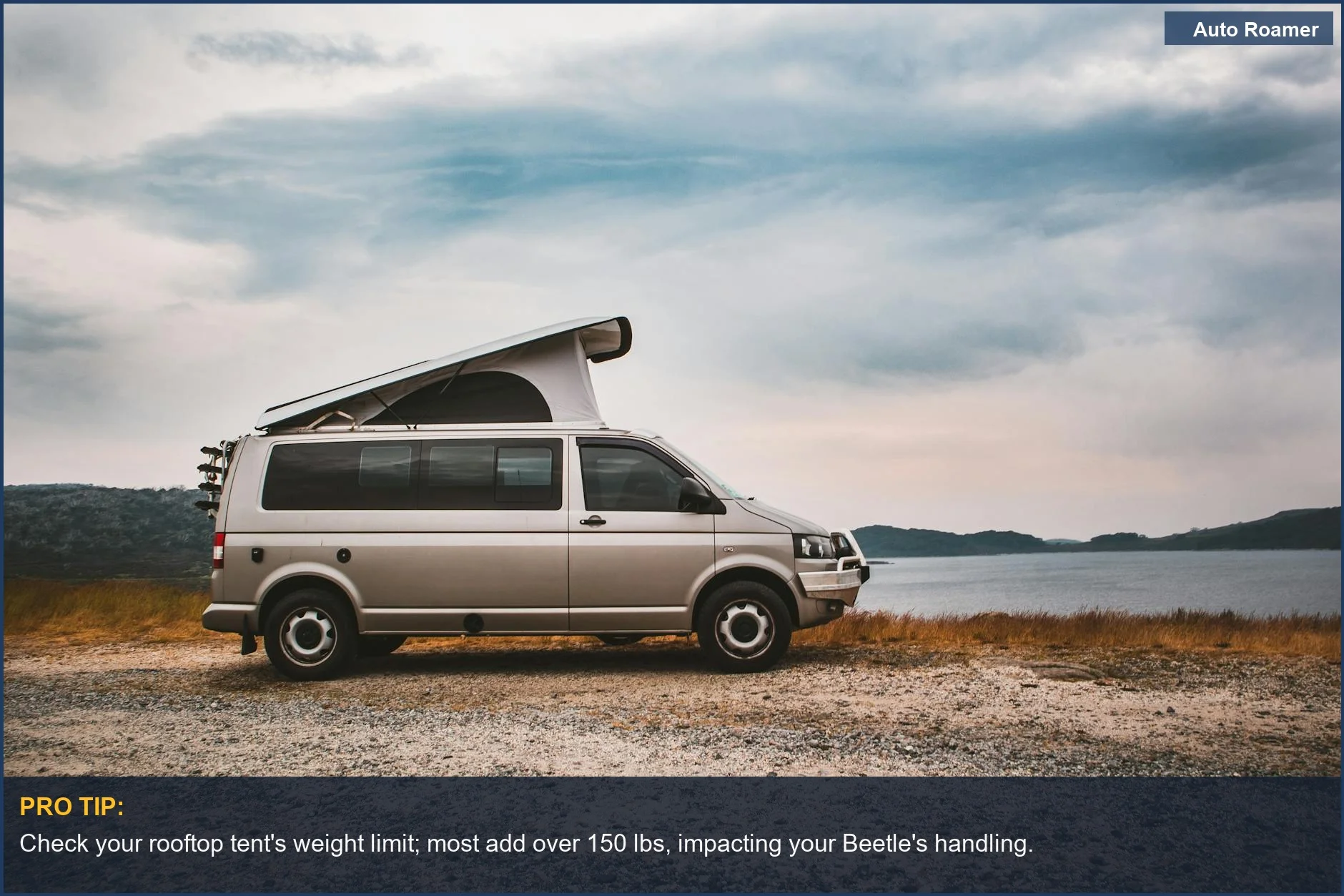 Tranquil lake scene with a VW Beetle camper van and rooftop tent, perfect for adventure travel.