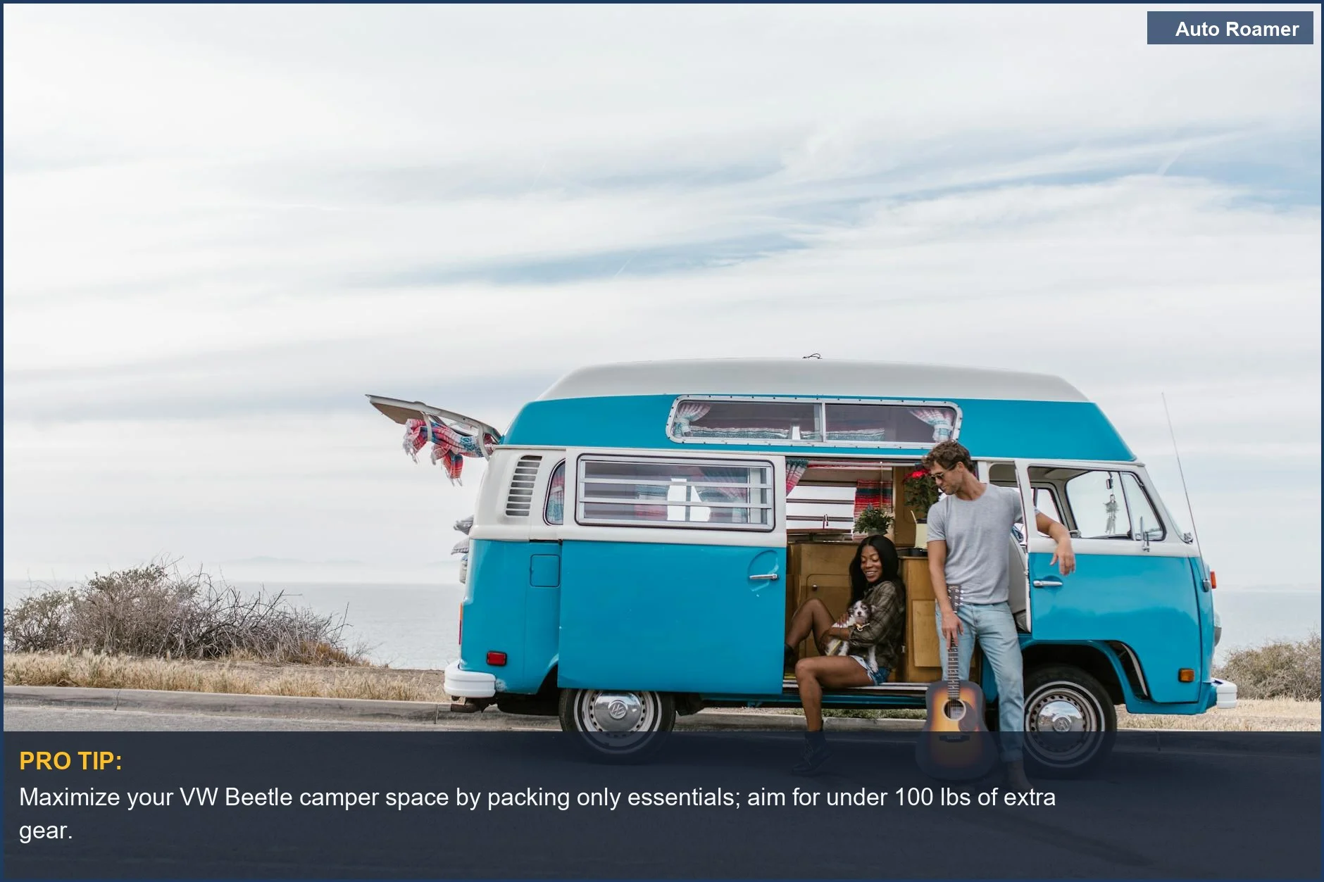 Happy couple enjoying VW Beetle car camping by the ocean with a guitar, embracing van life.
