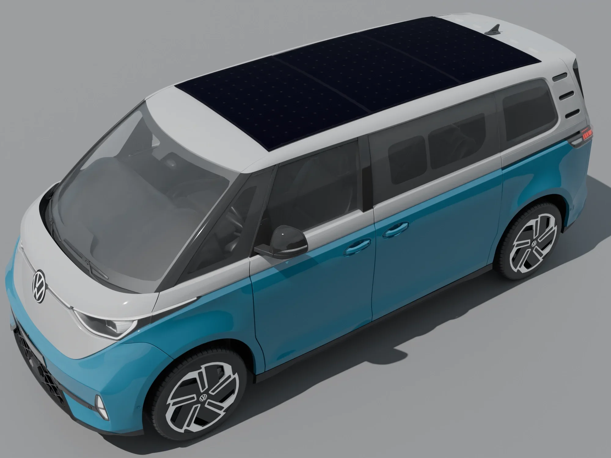 A Volkswagen ID. Buzz electric van fitted with a solar roof, the modern VW camper base reviewed here in a rear three-quarter view.