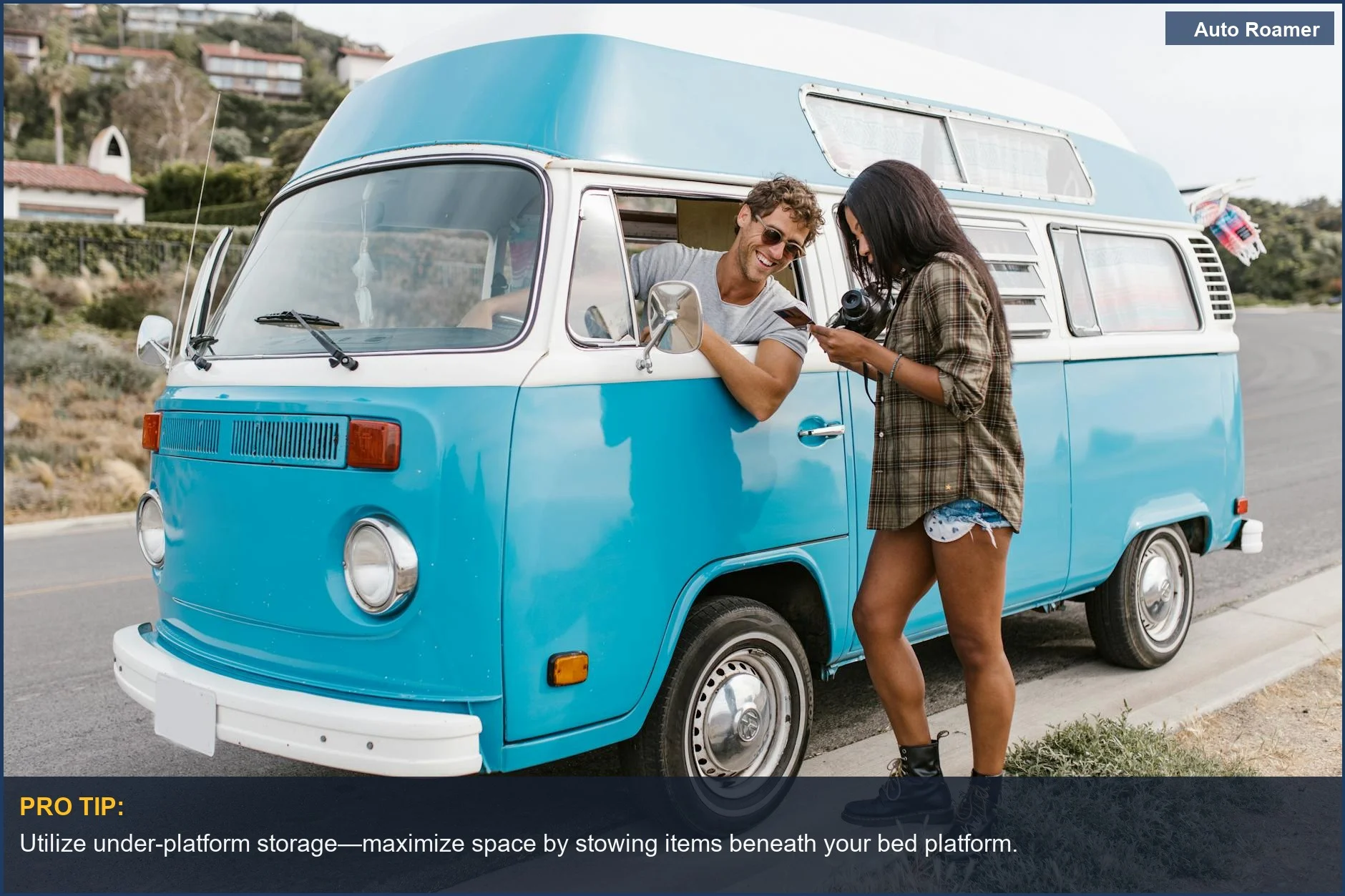 A vintage Volkswagen camper van on a sunny day, highlighting effective storage solutions.