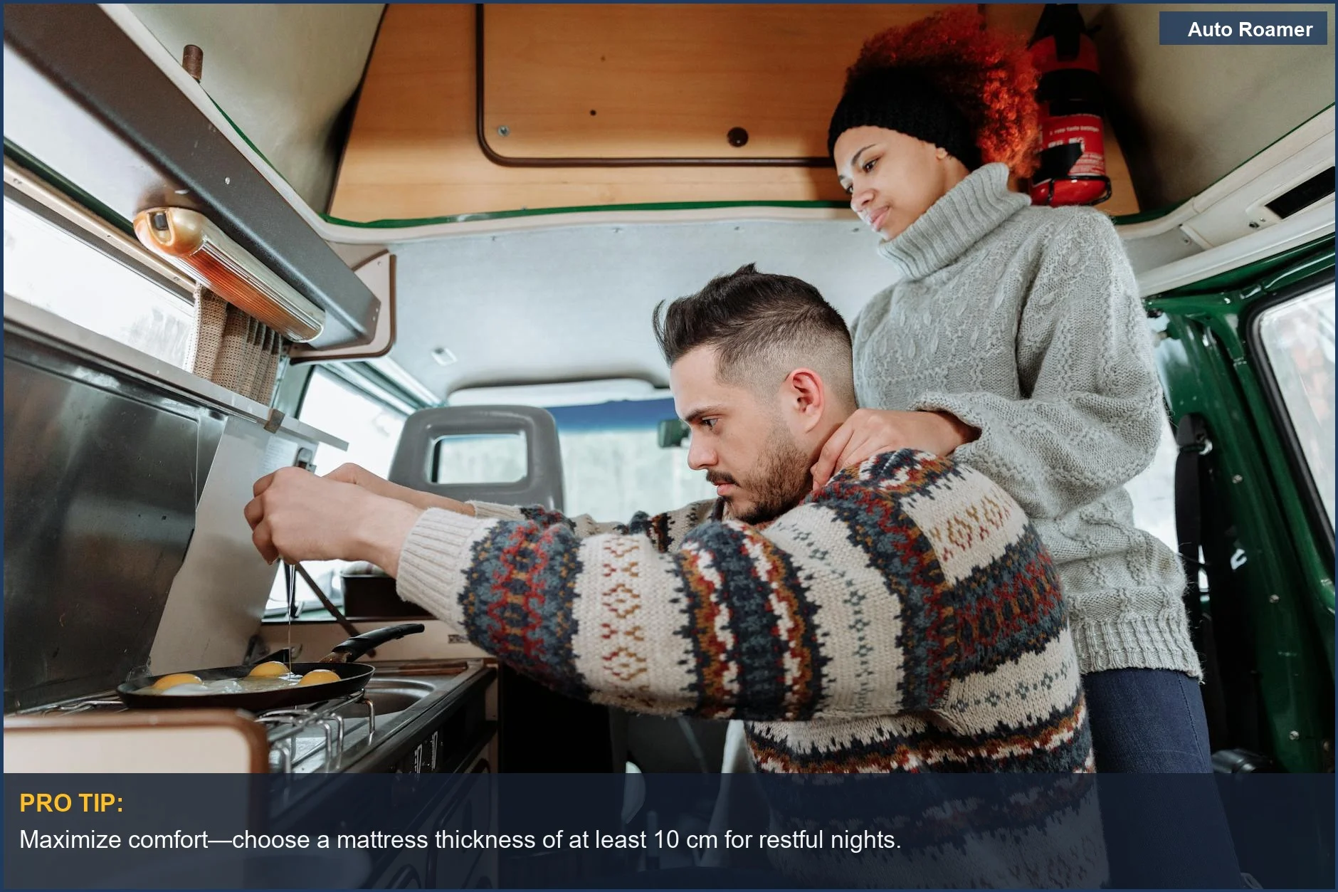 Couple preparing breakfast in a cozy VW electric camper van ID. Buzz
