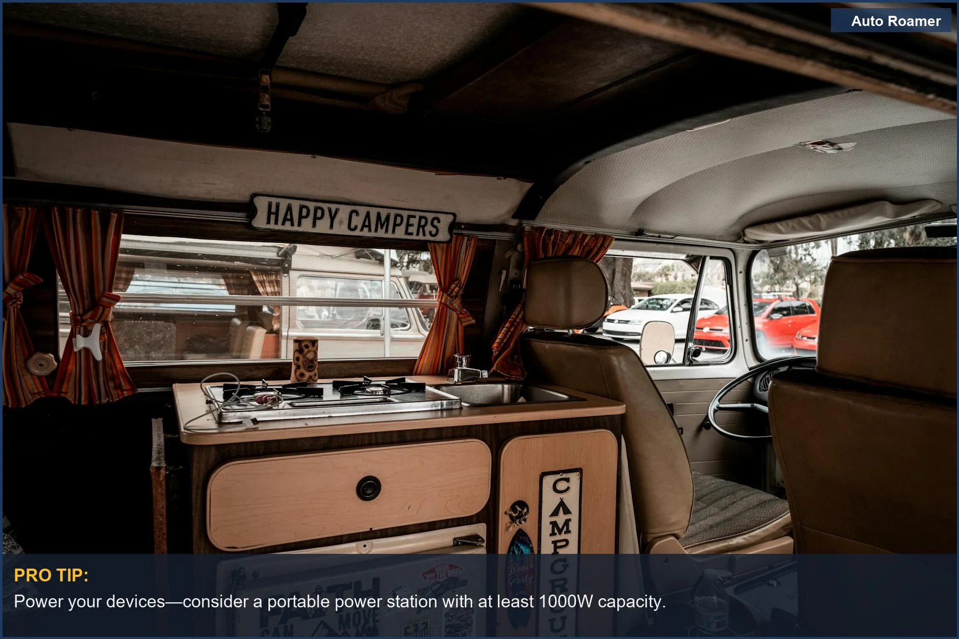 Nostalgic interior of a vintage Volkswagen camper van ready for adventure