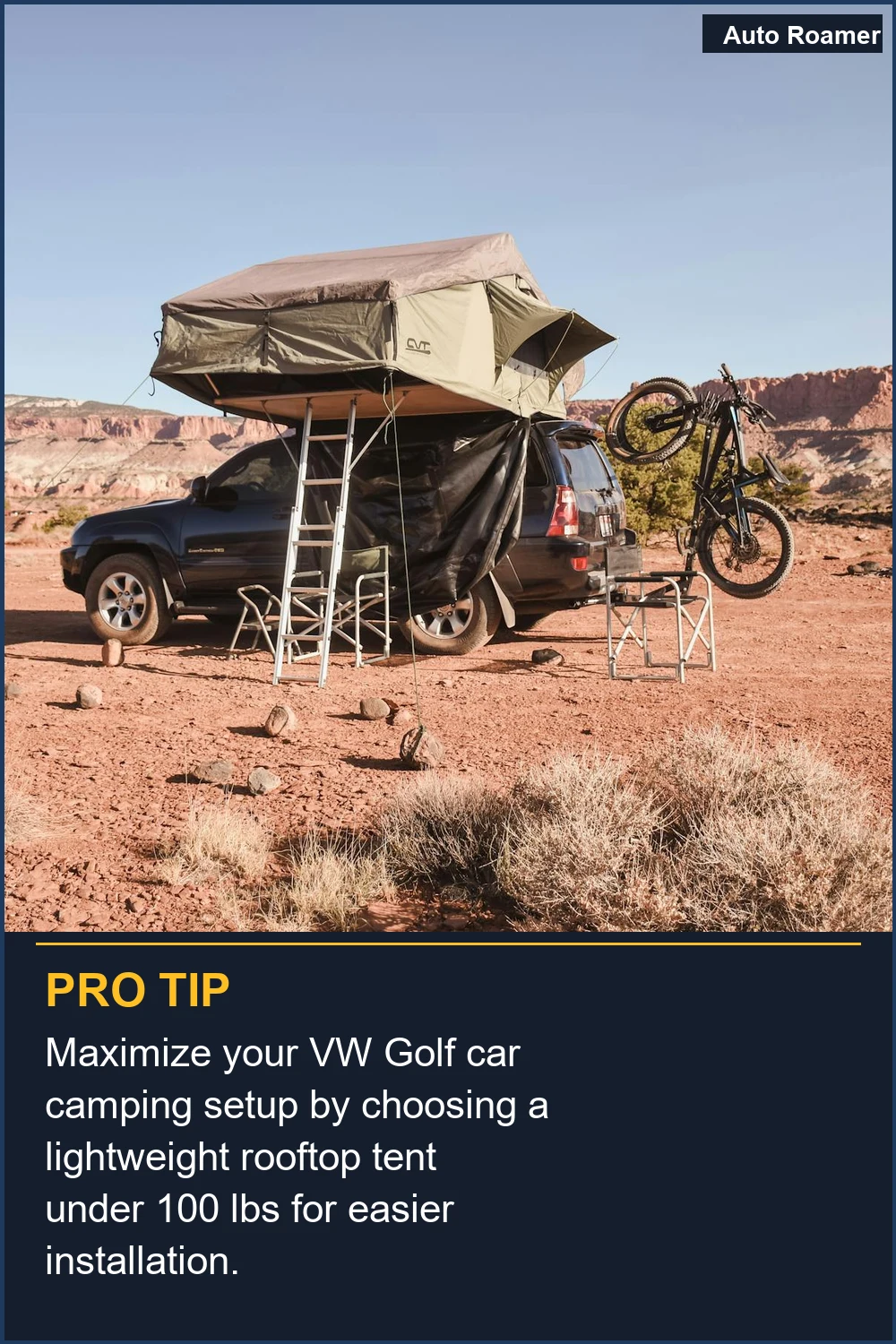 Maximize your VW Golf car camping setup by choosing a lightweight rooftop tent under 100 lbs for easier installation.