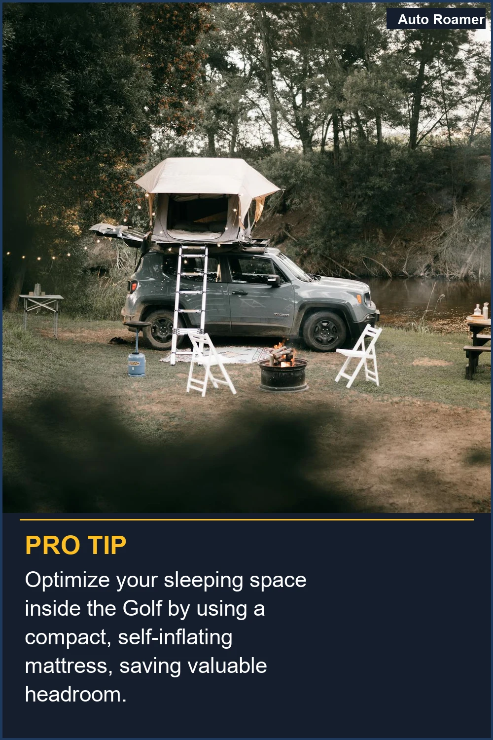 Optimize your sleeping space inside the Golf by using a compact, self-inflating mattress, saving valuable headroom.
