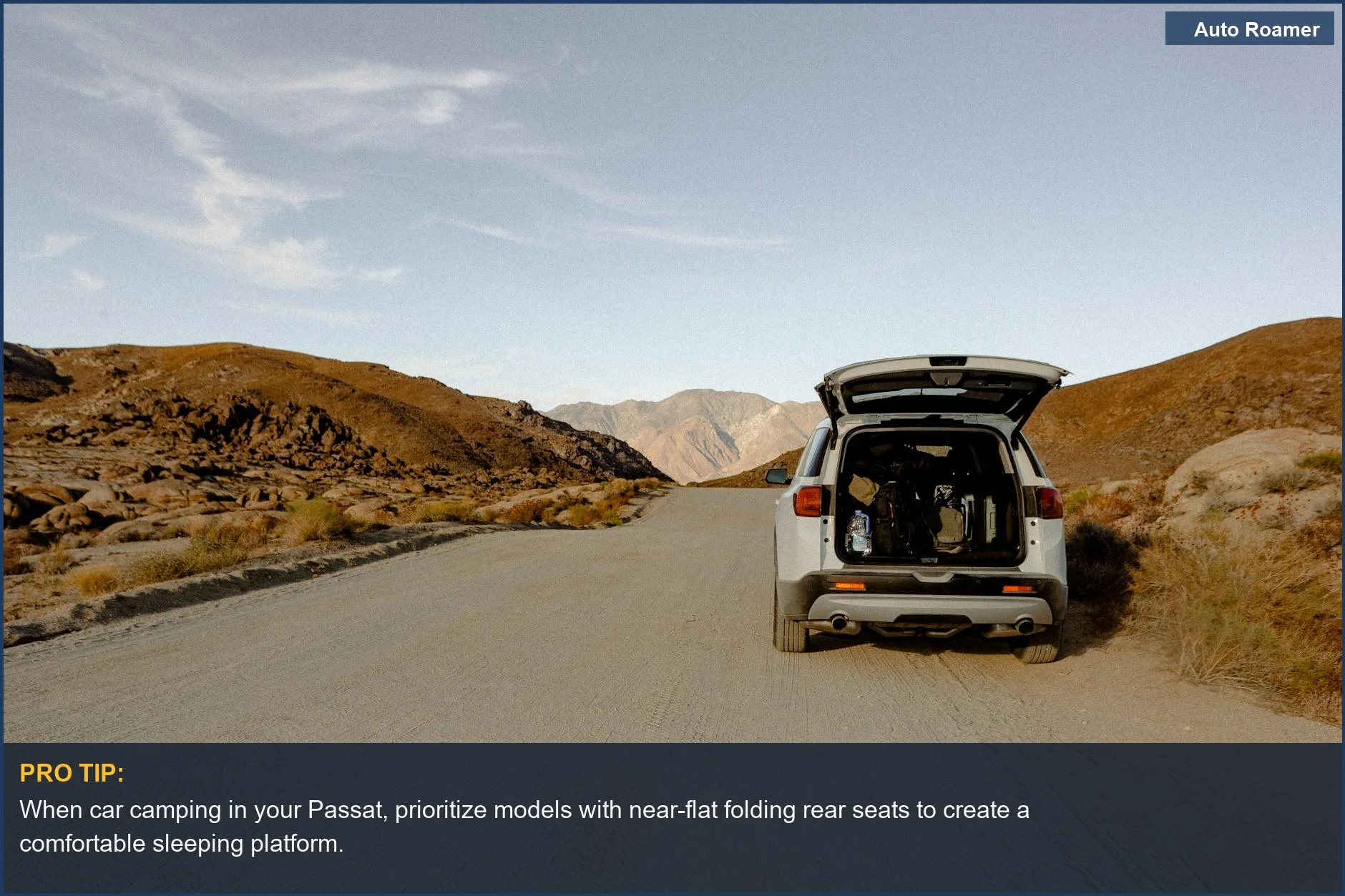 Open VW Passat parked on a dusty desert road, ready for spontaneous car camping adventures.
