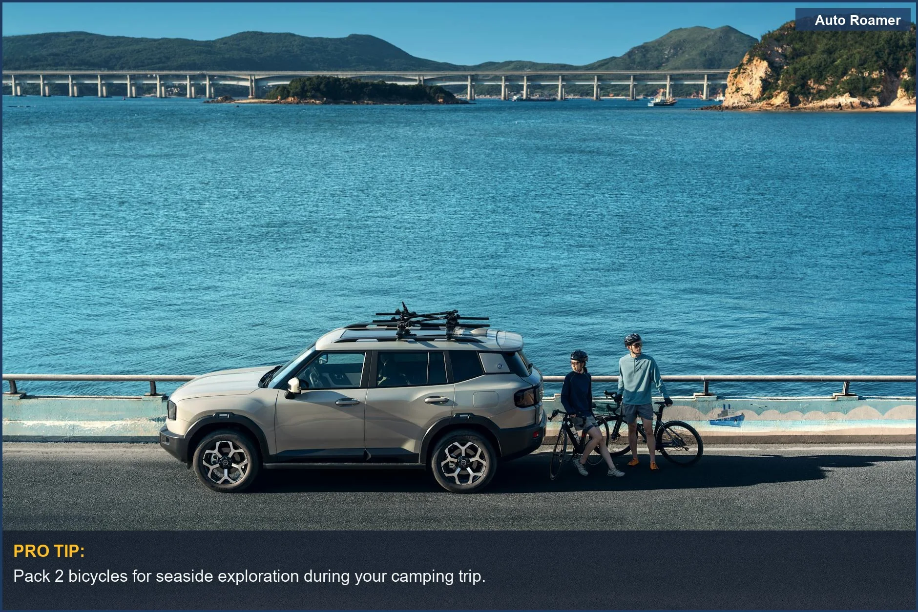 VW Taos parked by the sea with bicycles, showcasing a coastal adventure.