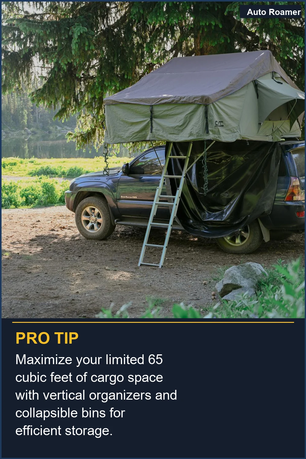 Maximize your limited 65 cubic feet of cargo space with vertical organizers and collapsible bins for efficient storage.
