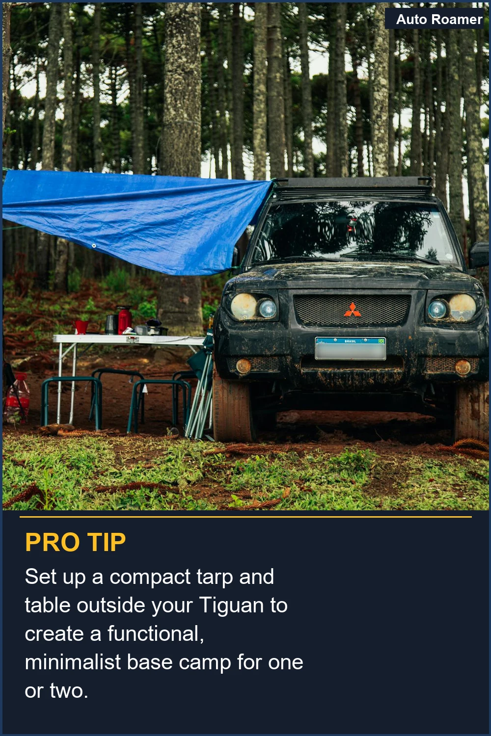 Set up a compact tarp and table outside your Tiguan to create a functional, minimalist base camp for one or two.