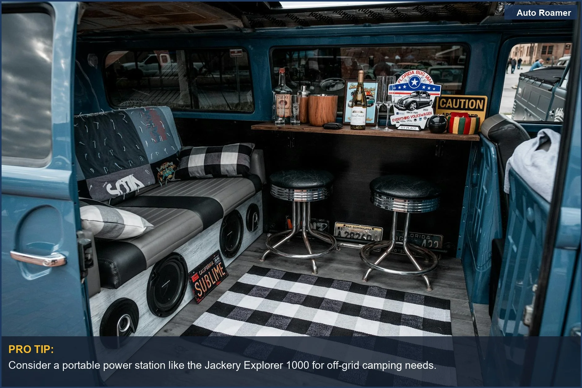 Customized VW Transporter camper van featuring a unique interior bar setup with a retro charm.