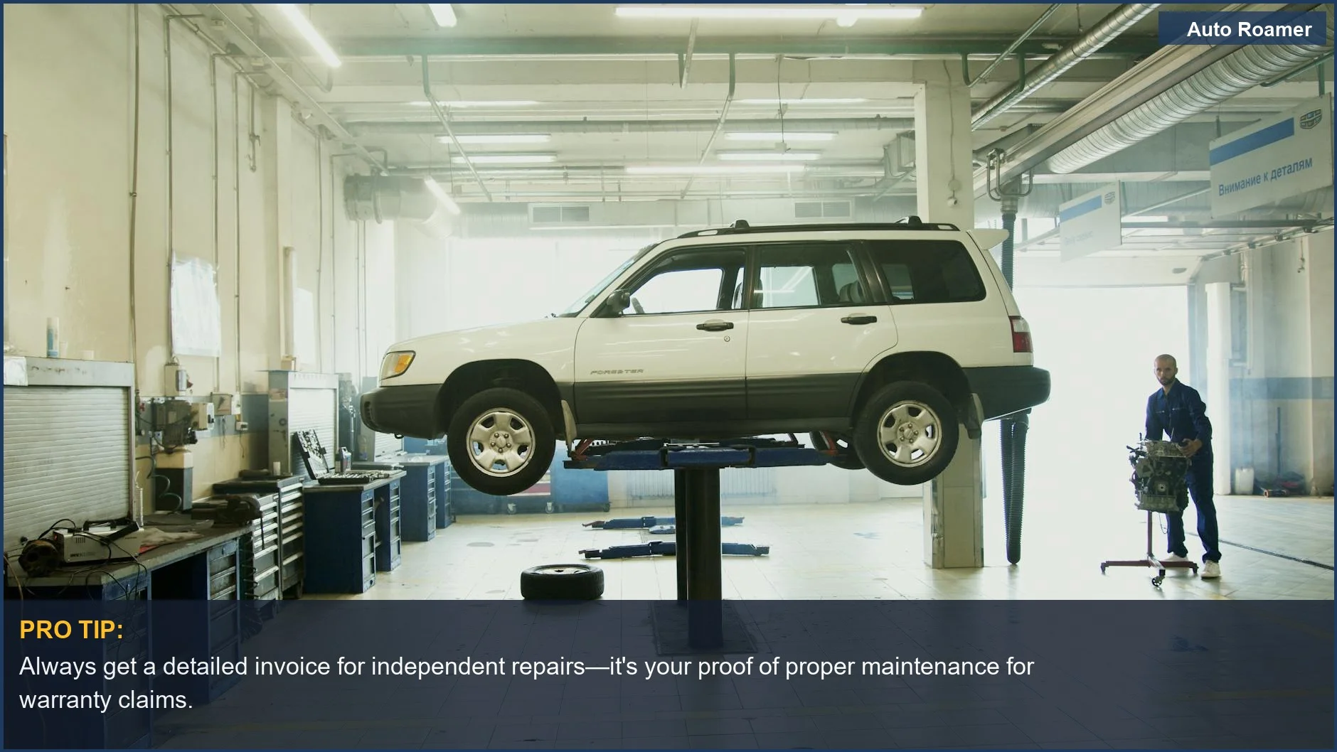 Independent mechanic expertly inspecting a car engine on a lift, upholding your warranty rights.