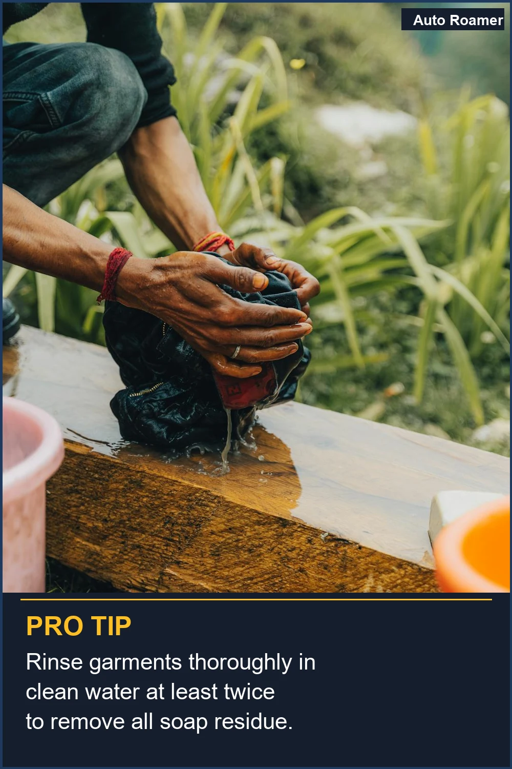 Rinse garments thoroughly in clean water at least twice to remove all soap residue.