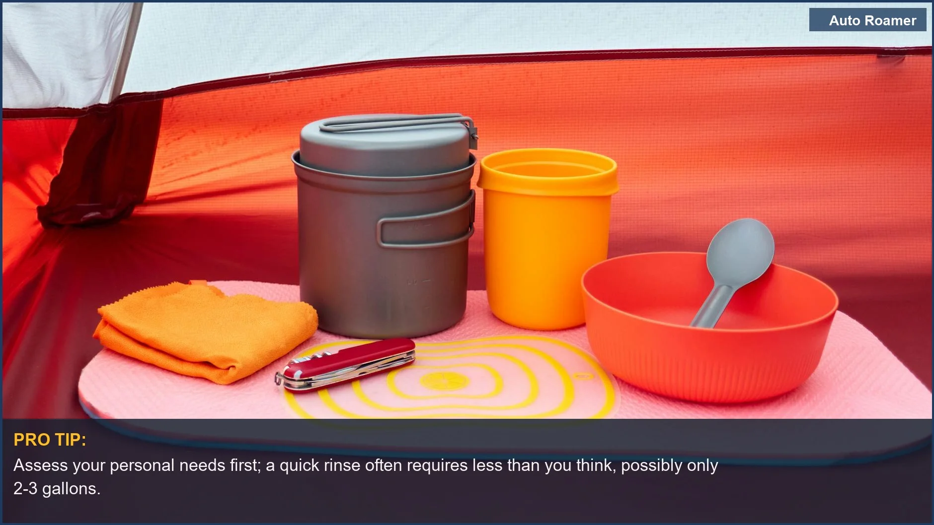 Colorful camping cookware inside a tent, illustrating the need for efficient portable camping shower water capacity.