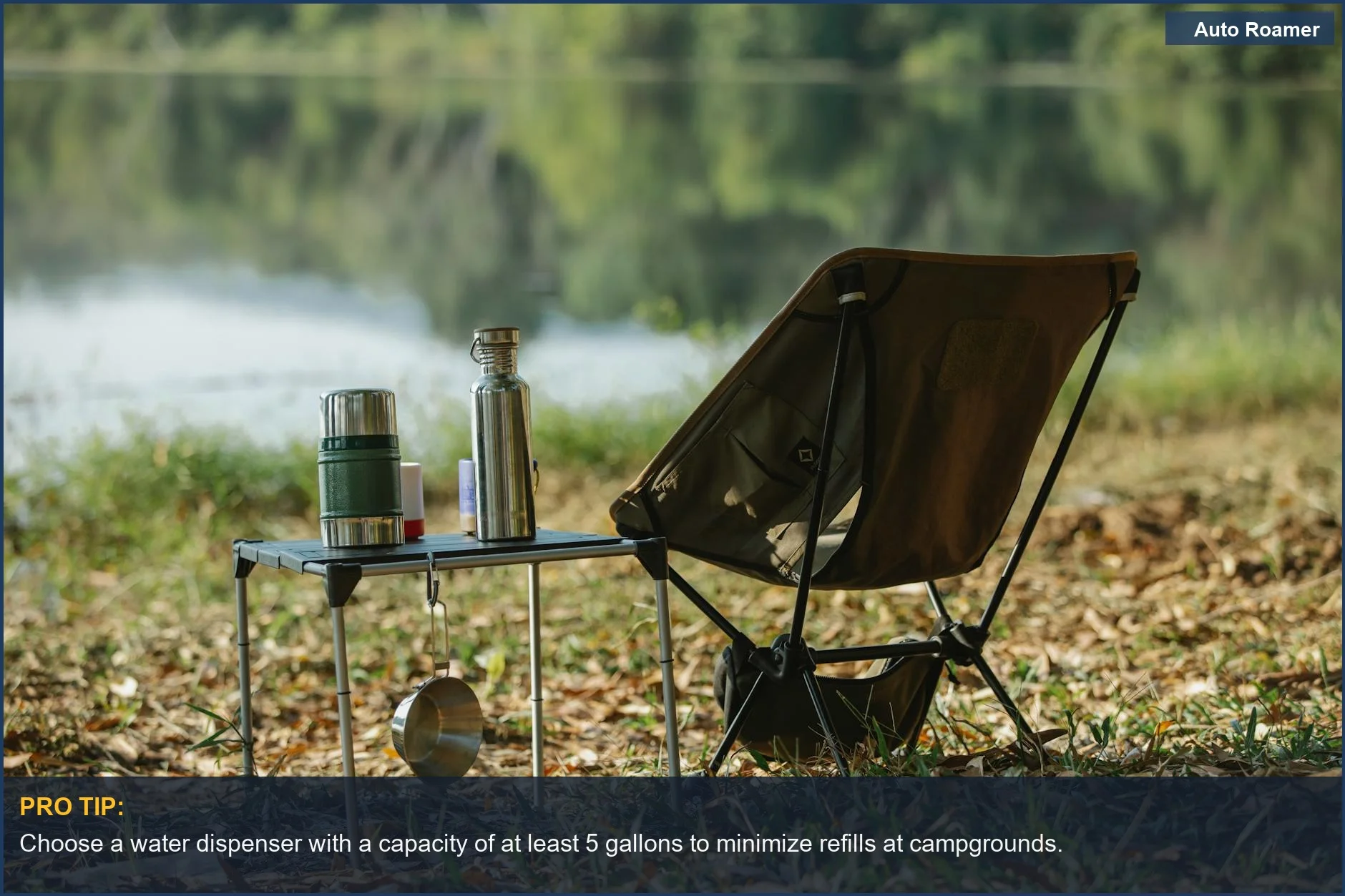 Peaceful lakeside car camping scene with a portable water dispenser on a table, near a serene lake.