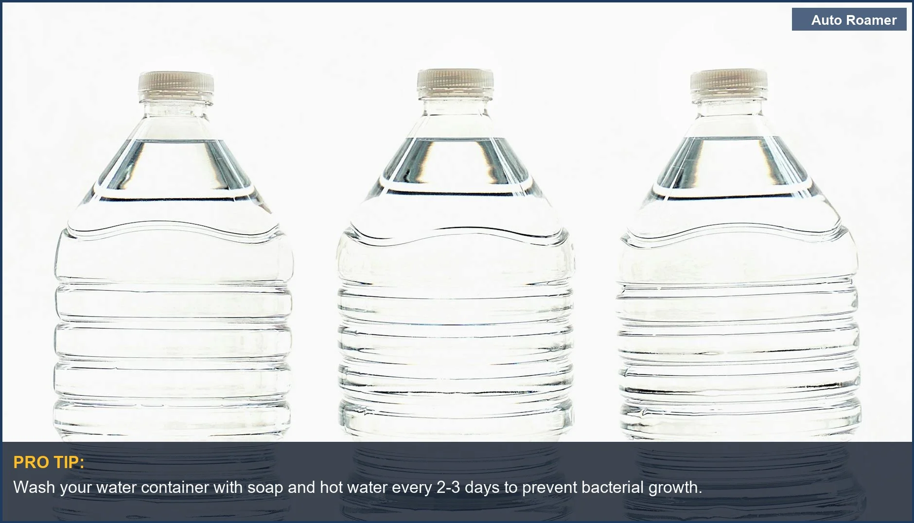 Three clean camping water bottles ready for filling, emphasizing proper water hygiene on your next trip.