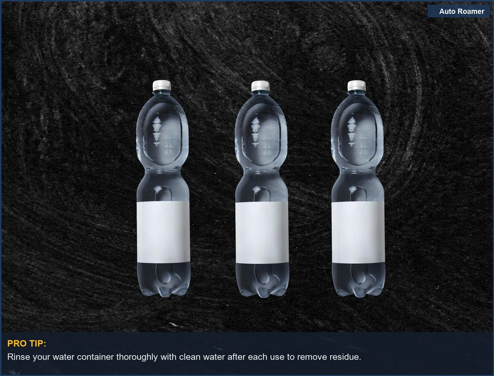Multiple clear water bottles on a black background, demonstrating options for preventing contamination in car camping.