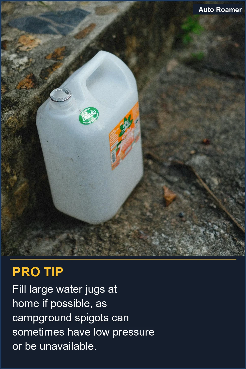 Fill large water jugs at home if possible, as campground spigots can sometimes have low pressure or be unavailable.