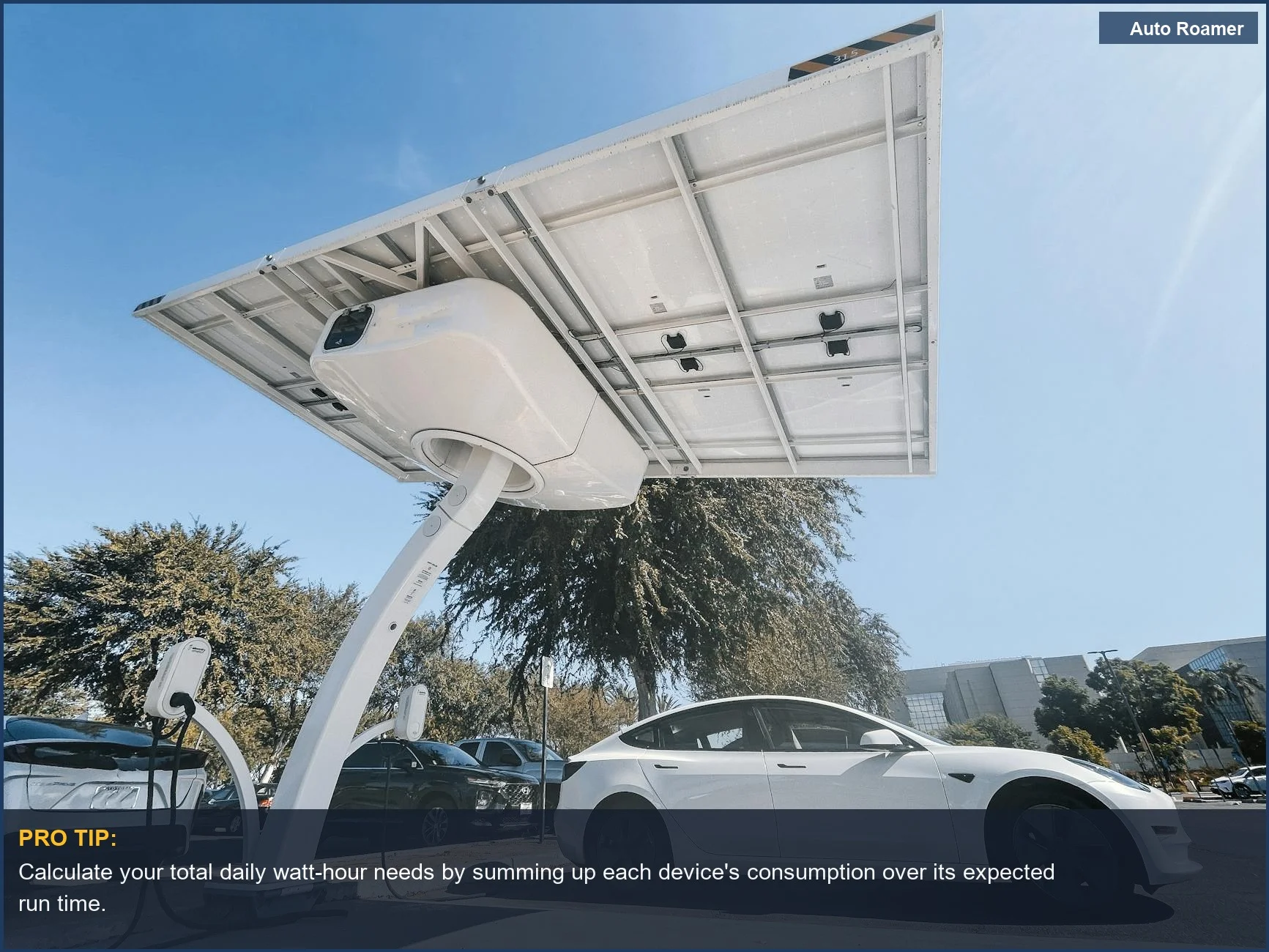 Electric car charging at a solar panel station, illustrating the importance of watt hours for sustained power.