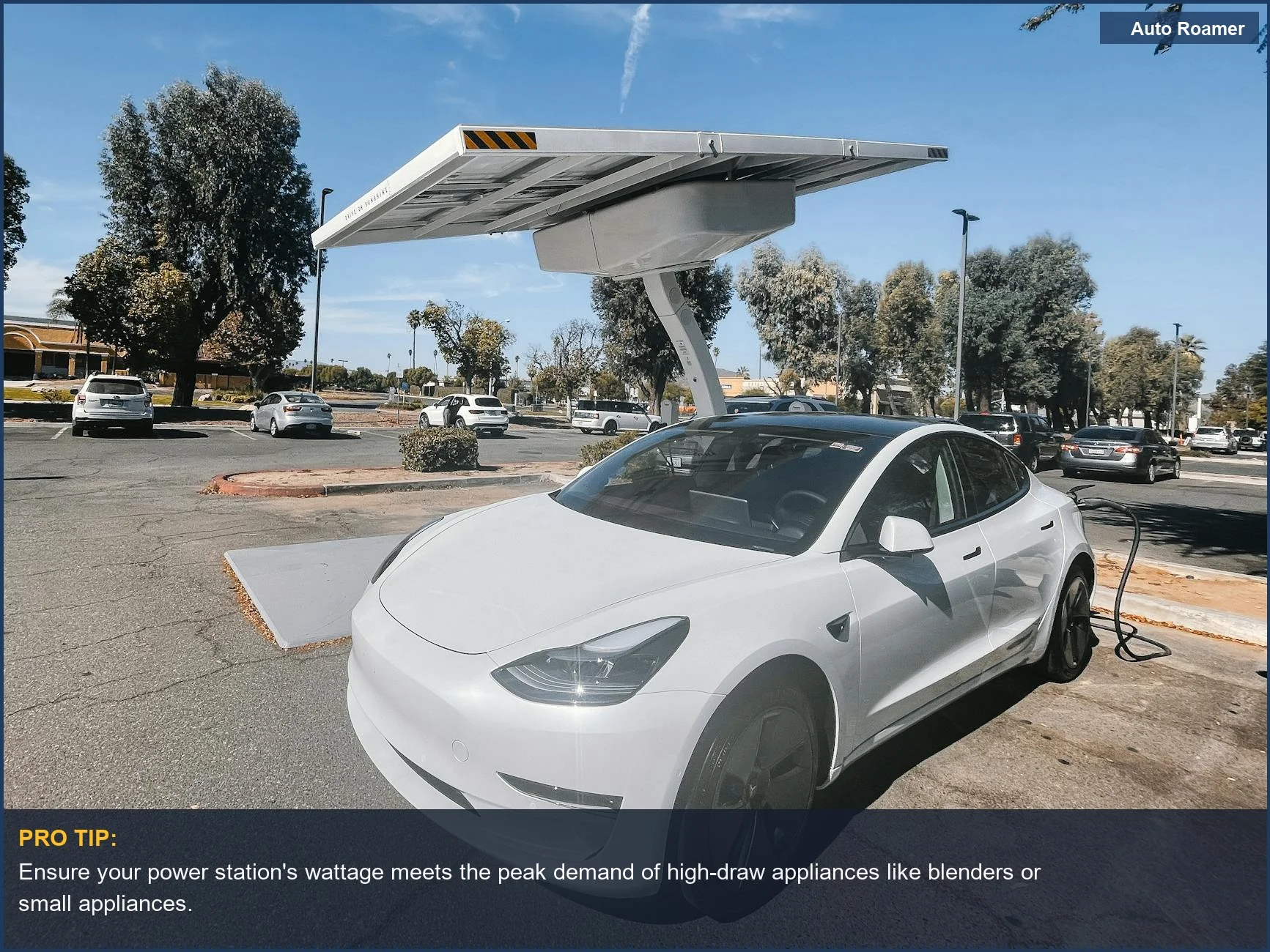 A white electric car charging under solar panels, demonstrating the 'on-demand' power capabilities of watts.