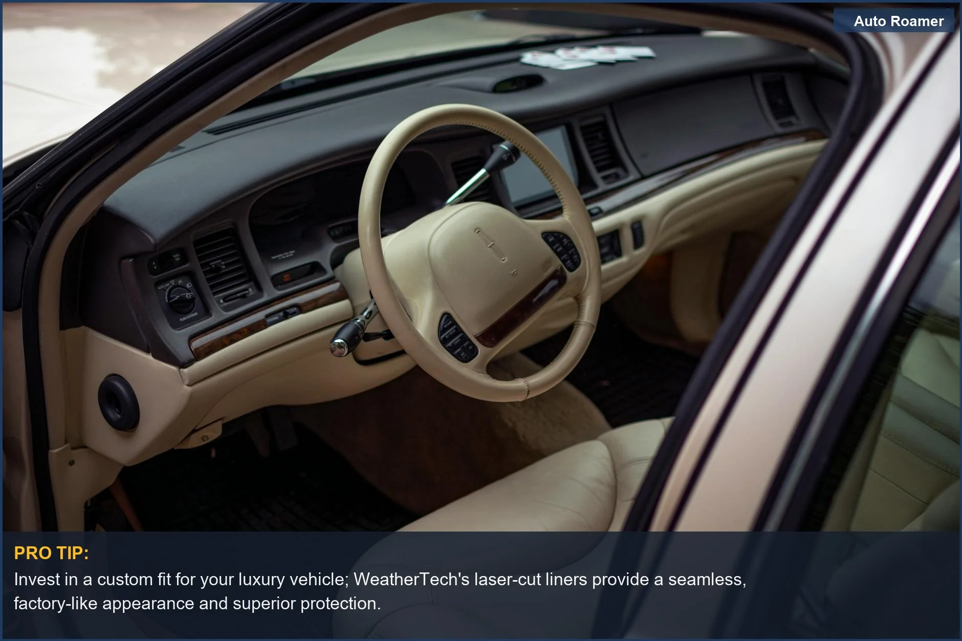 Luxury car interior with leather seats, illustrating the premium fit of WeatherTech laser-cut floor mats.