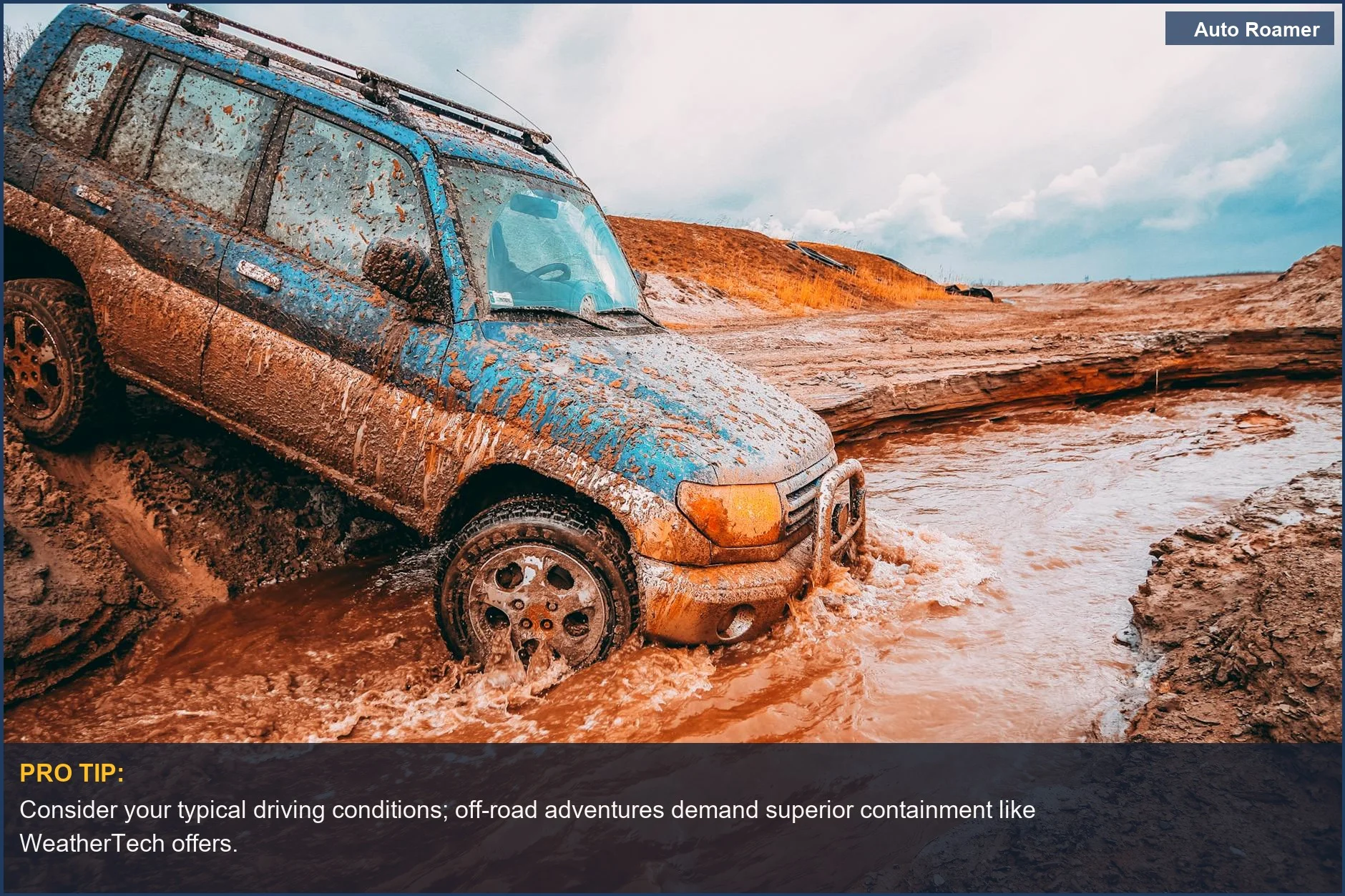 Rugged SUV navigating muddy terrain, showcasing the need for durable WeatherTech laser-cut vs all-weather mats.