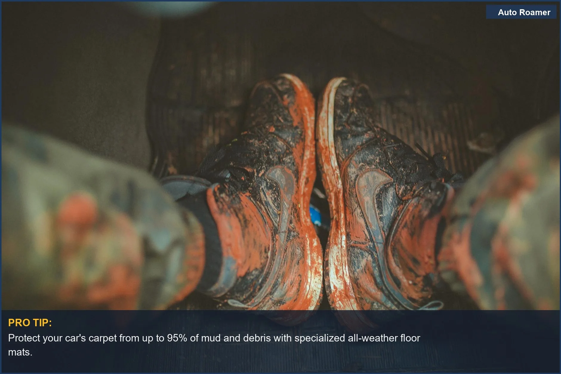 Close-up of muddy boots inside a car, emphasizing the need for durable SUV floor mats against outdoor adventures.