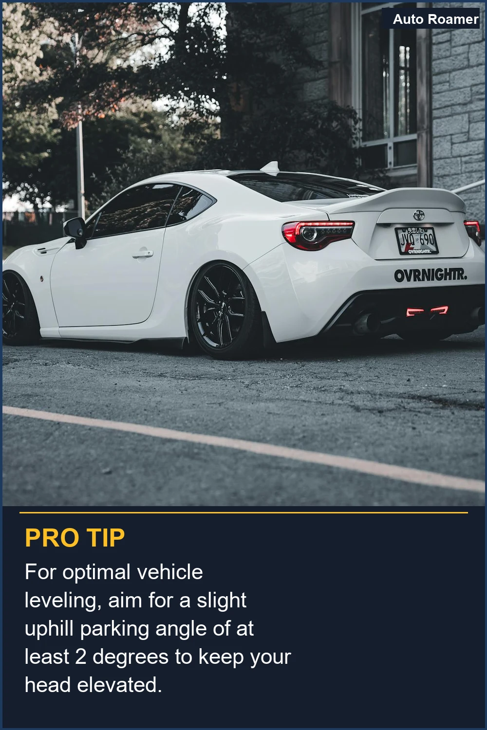 For optimal vehicle leveling, aim for a slight uphill parking angle of at least 2 degrees to keep your head elevated.