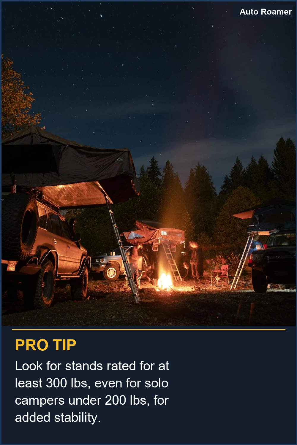 Look for stands rated for at least 300 lbs, even for solo campers under 200 lbs, for added stability.