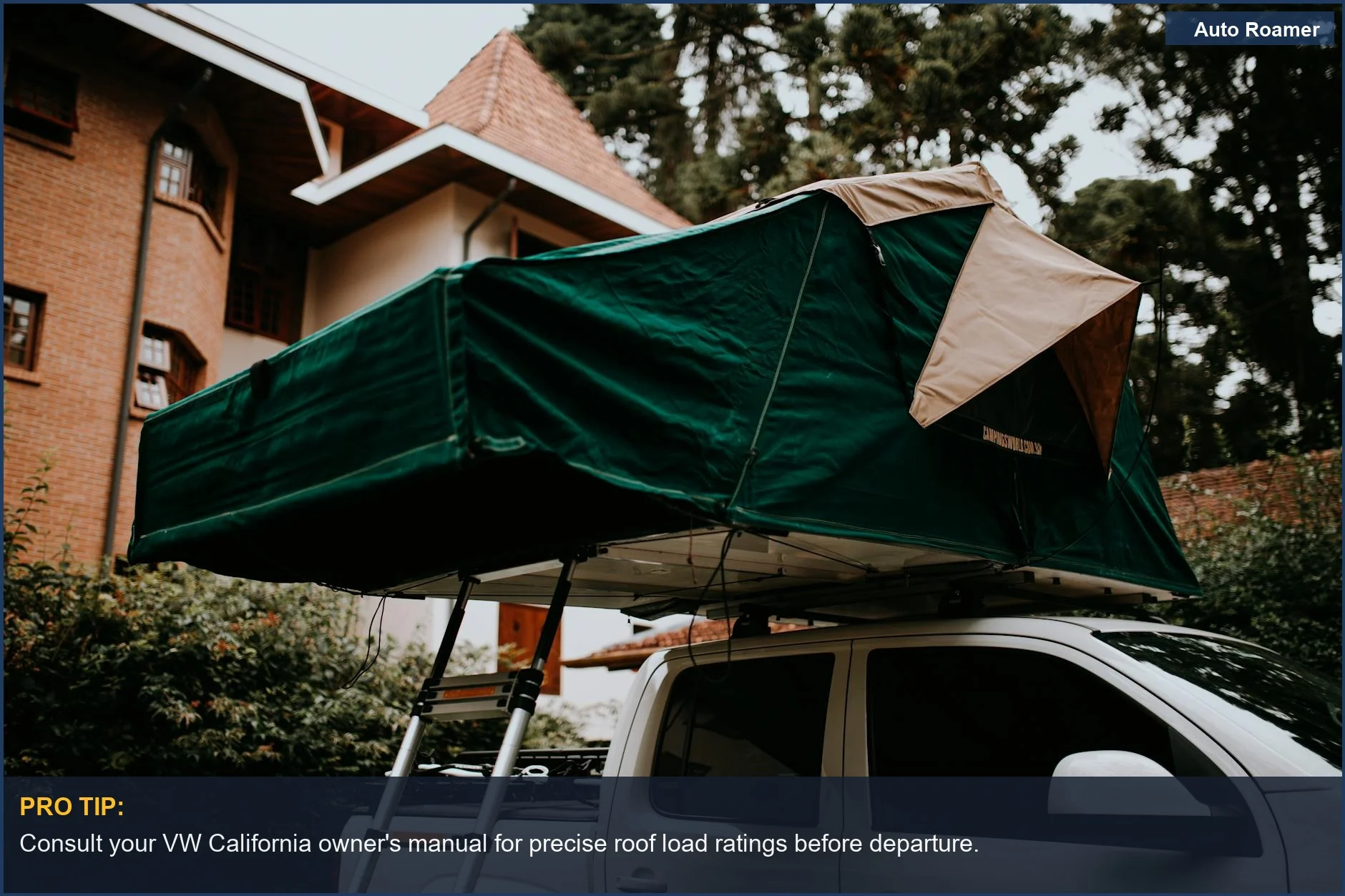 Rooftop car tent setup for an adventurous camping trip outdoors, emphasizing VW California camper roof load.
