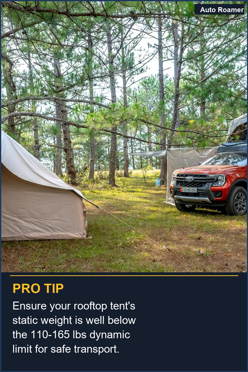 Ensure your rooftop tent's static weight is well below the 110-165 lbs dynamic limit for safe transport.
