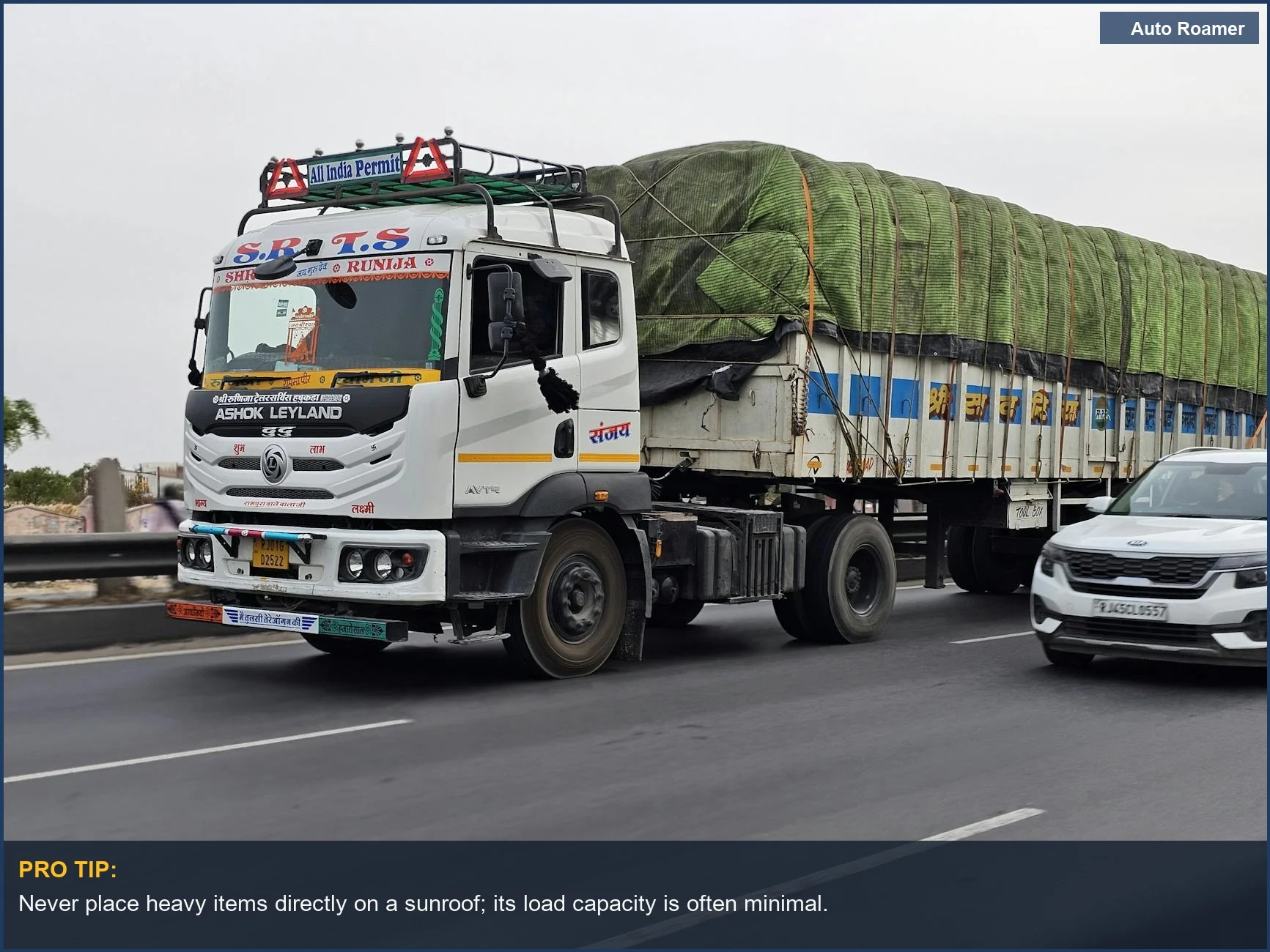 Semi-truck navigates highway, illustrating the consequences of exceeding car sunroof load capacity and potential damage.