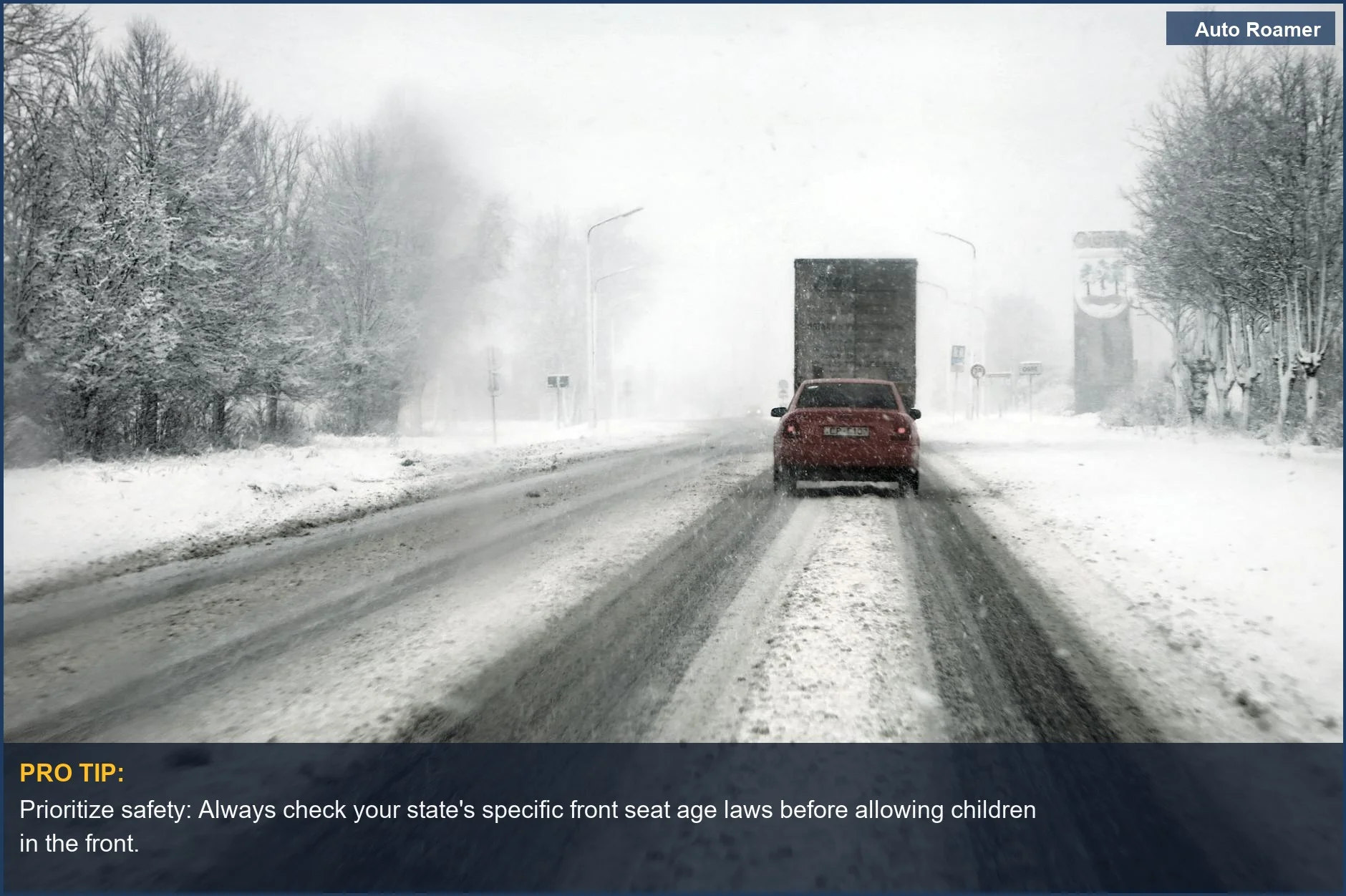 Cars driving on a snowy highway, illustrating challenging winter conditions and child front seat safety concerns.
