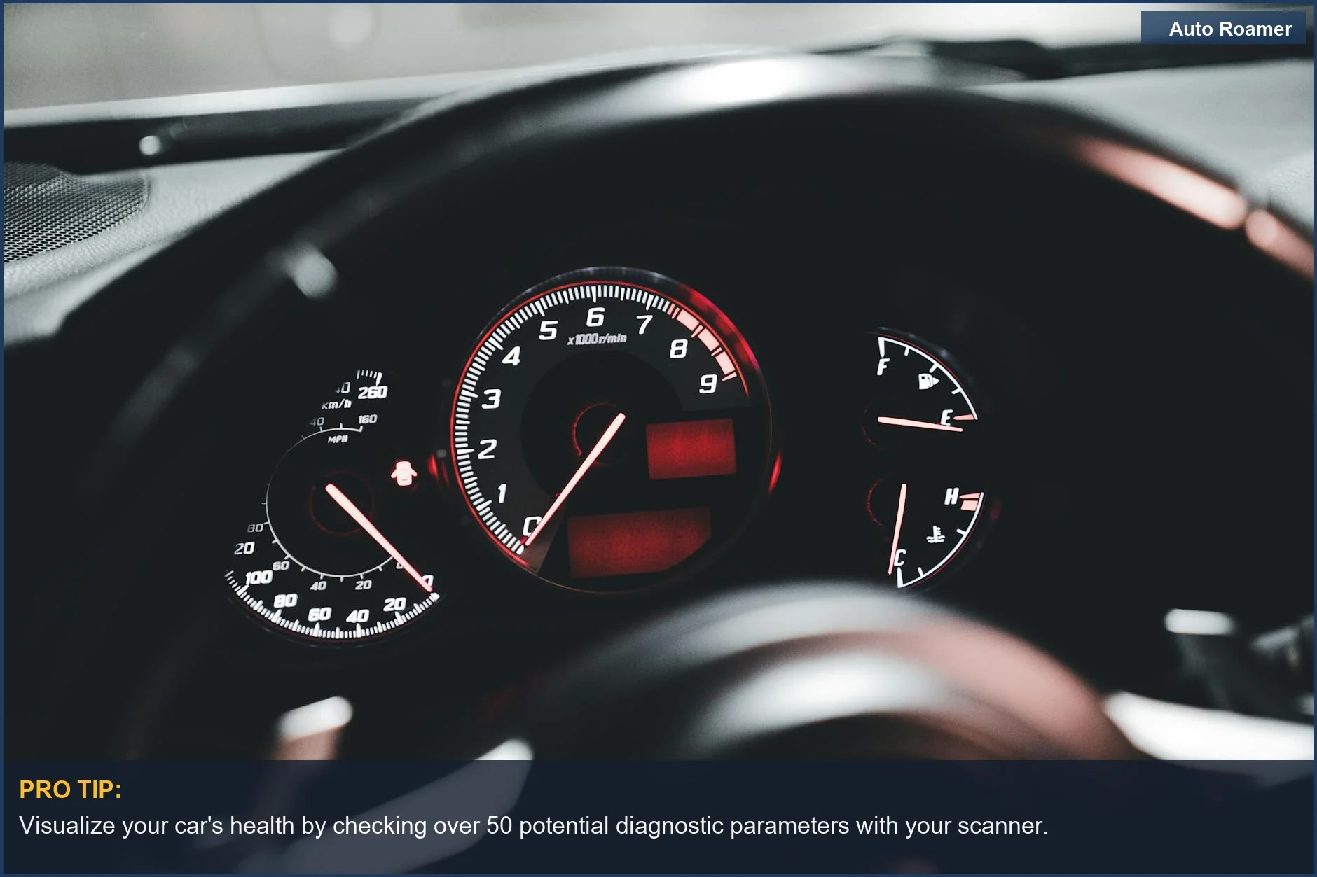 Modern car dashboard with illuminated speedometer and gauges, showing potential car diagnostic codes.