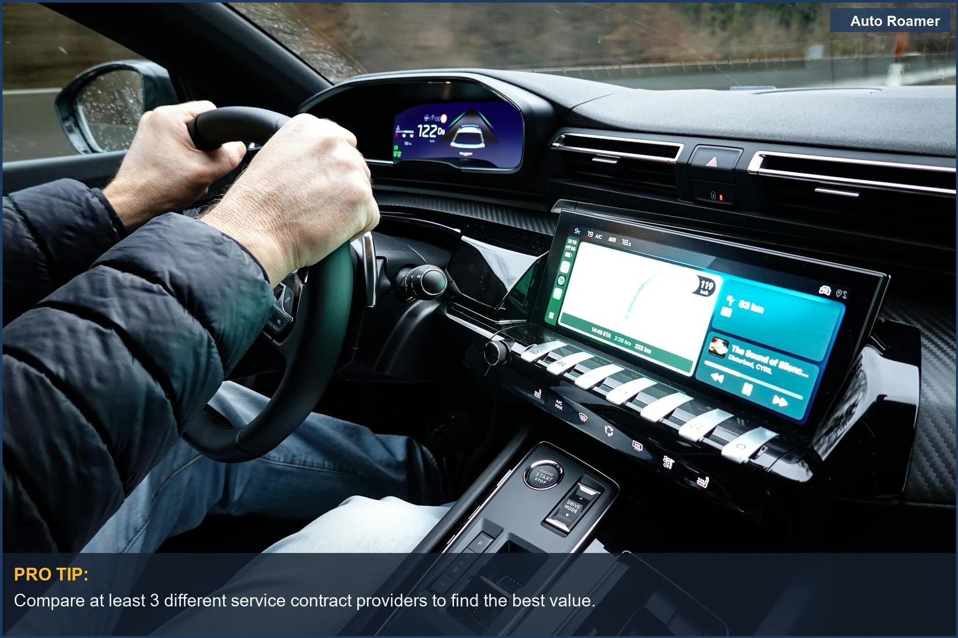 Hands on a car's steering wheel, experiencing advanced technology and the need for protection.