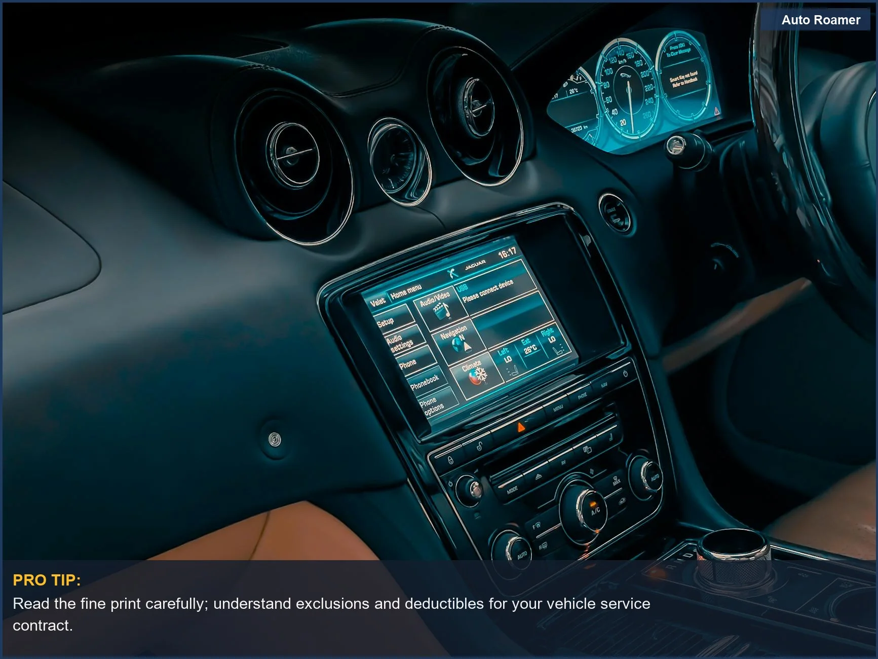 Close-up of a luxury car's dashboard and touchscreen, highlighting the sophisticated systems needing coverage.