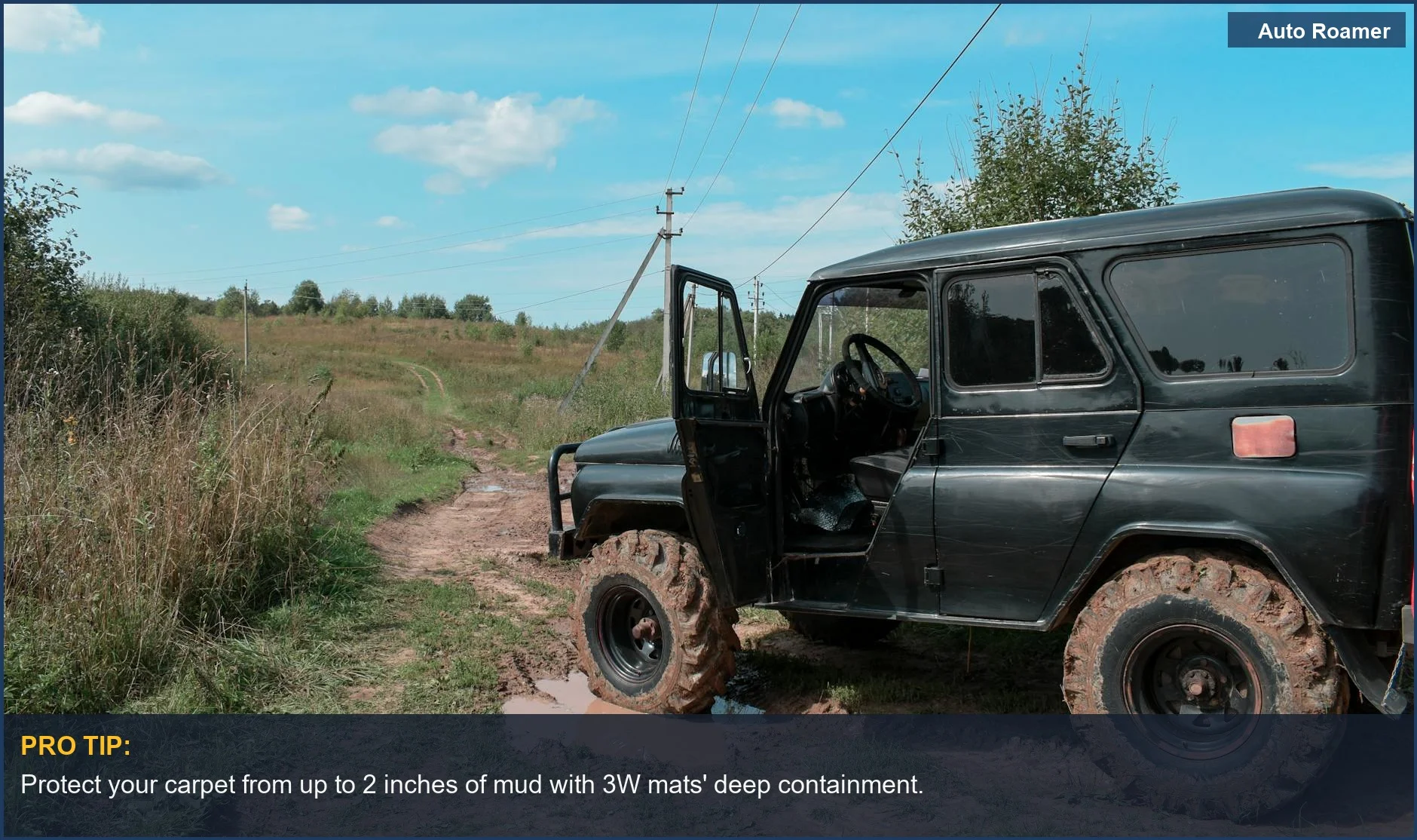 Black SUV on a muddy trail in Russia, demonstrating the tough conditions 3w floor mats handle.