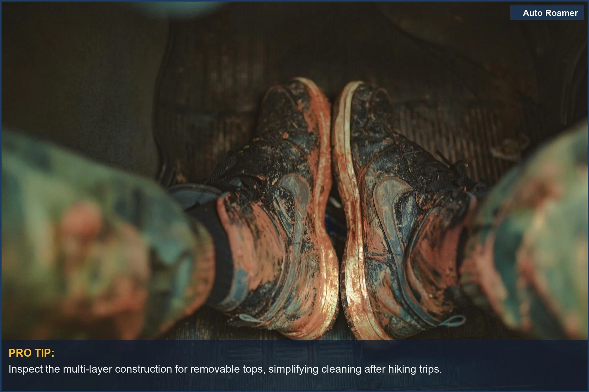 Close-up of muddy sneakers on a car mat, illustrating the mess 3w car mat terminology addresses.